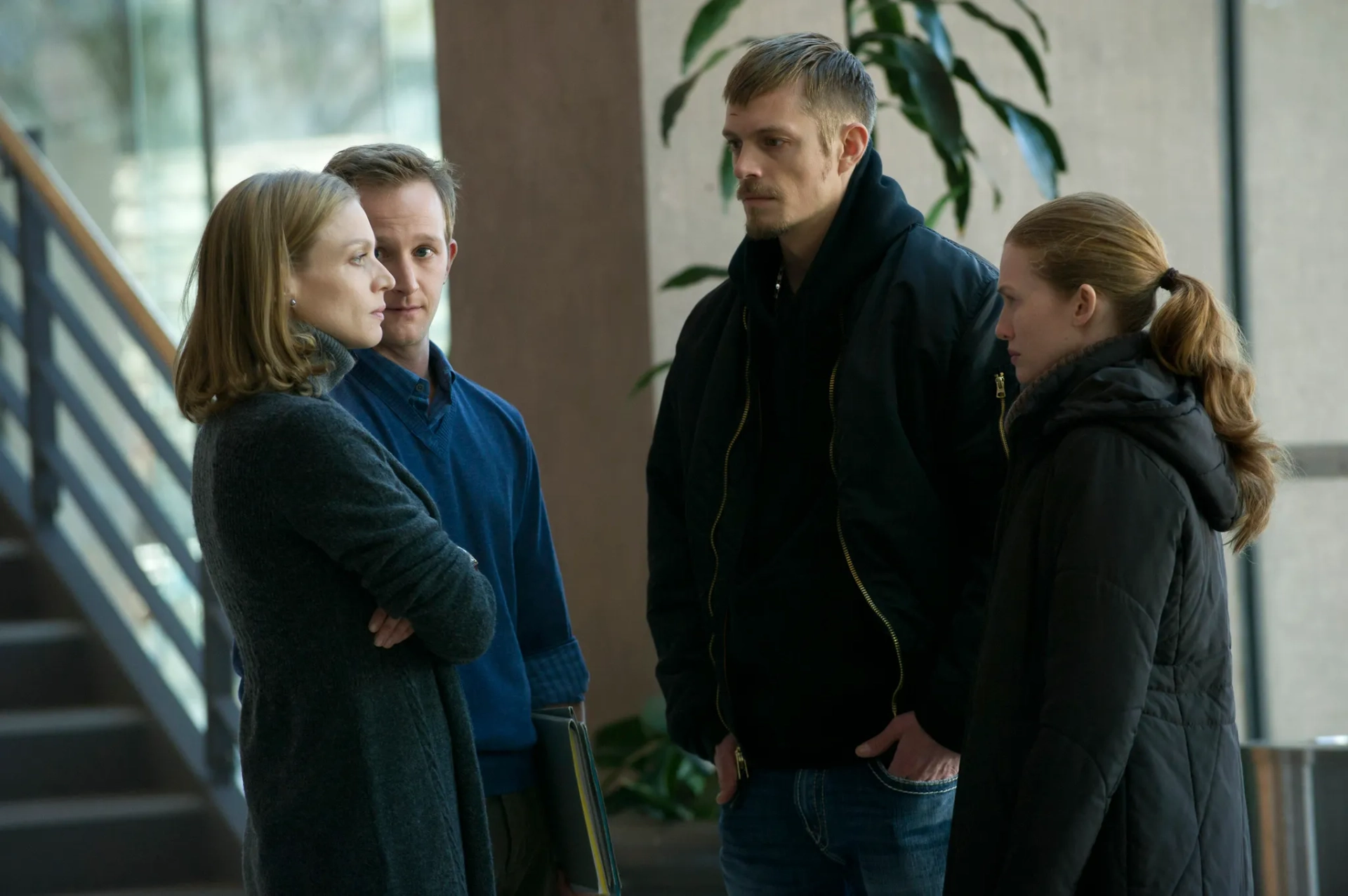 Kristin Lehman, Mireille Enos, Joel Kinnaman, and Eric Ladin in The Killing (2011)