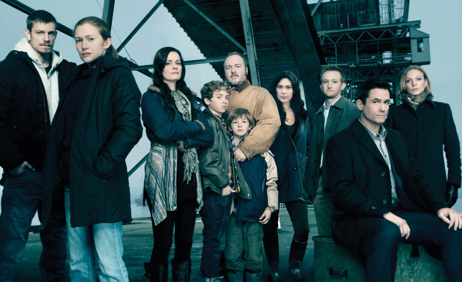 Michelle Forbes, Kristin Lehman, Mireille Enos, Brent Sexton, Jamie Anne Allman, Joel Kinnaman, Eric Ladin, Seth Isaac Johnson, and Evan Bird in The Killing (2011)