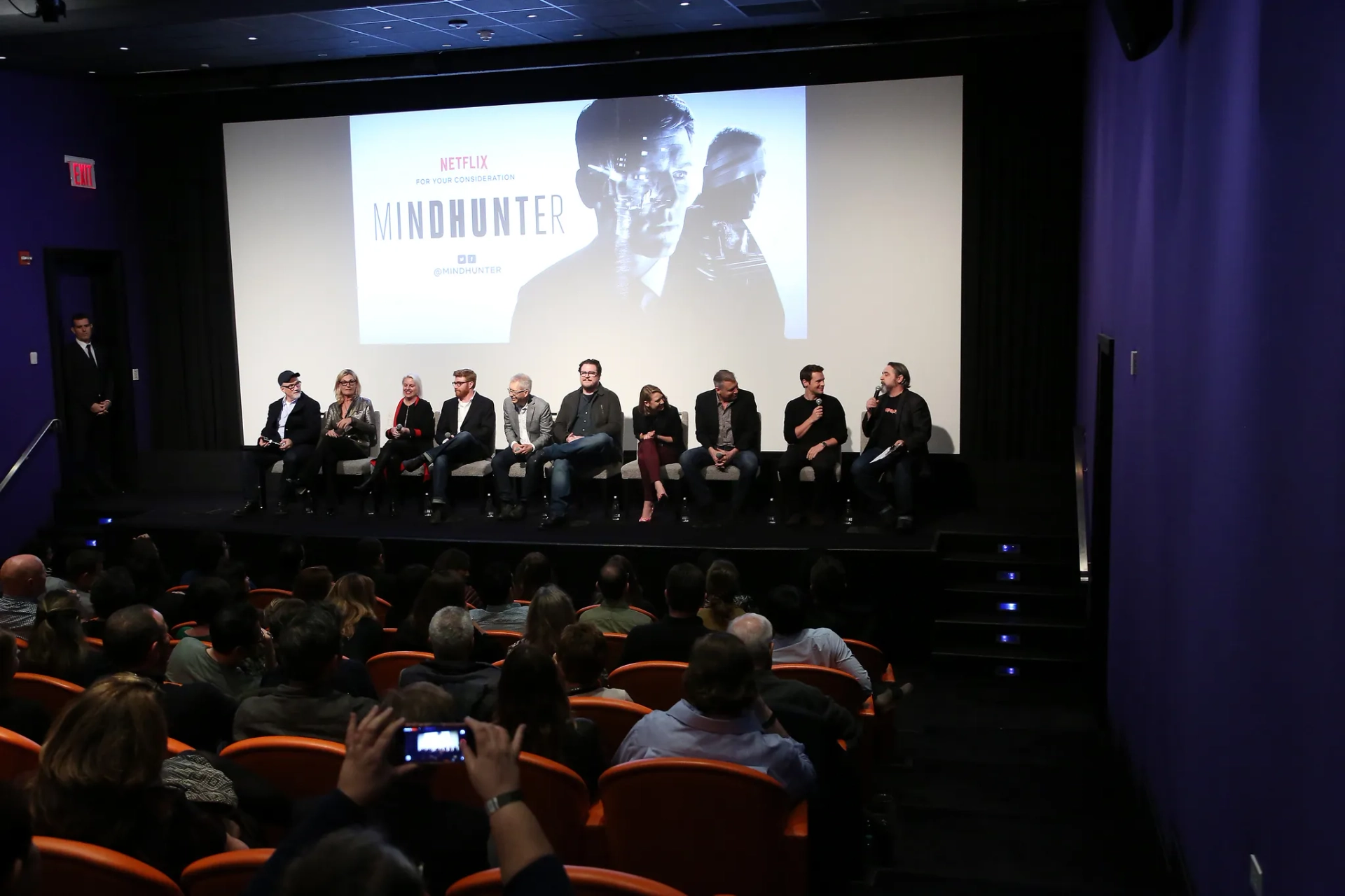 David Fincher, Steve Arnold, Laray Mayfield, Holt McCallany, Erik Messerschmidt, Jennifer Starzyk, Anna Torv, Jonathan Groff, and Cameron Britton at an event for Mindhunter (2017)