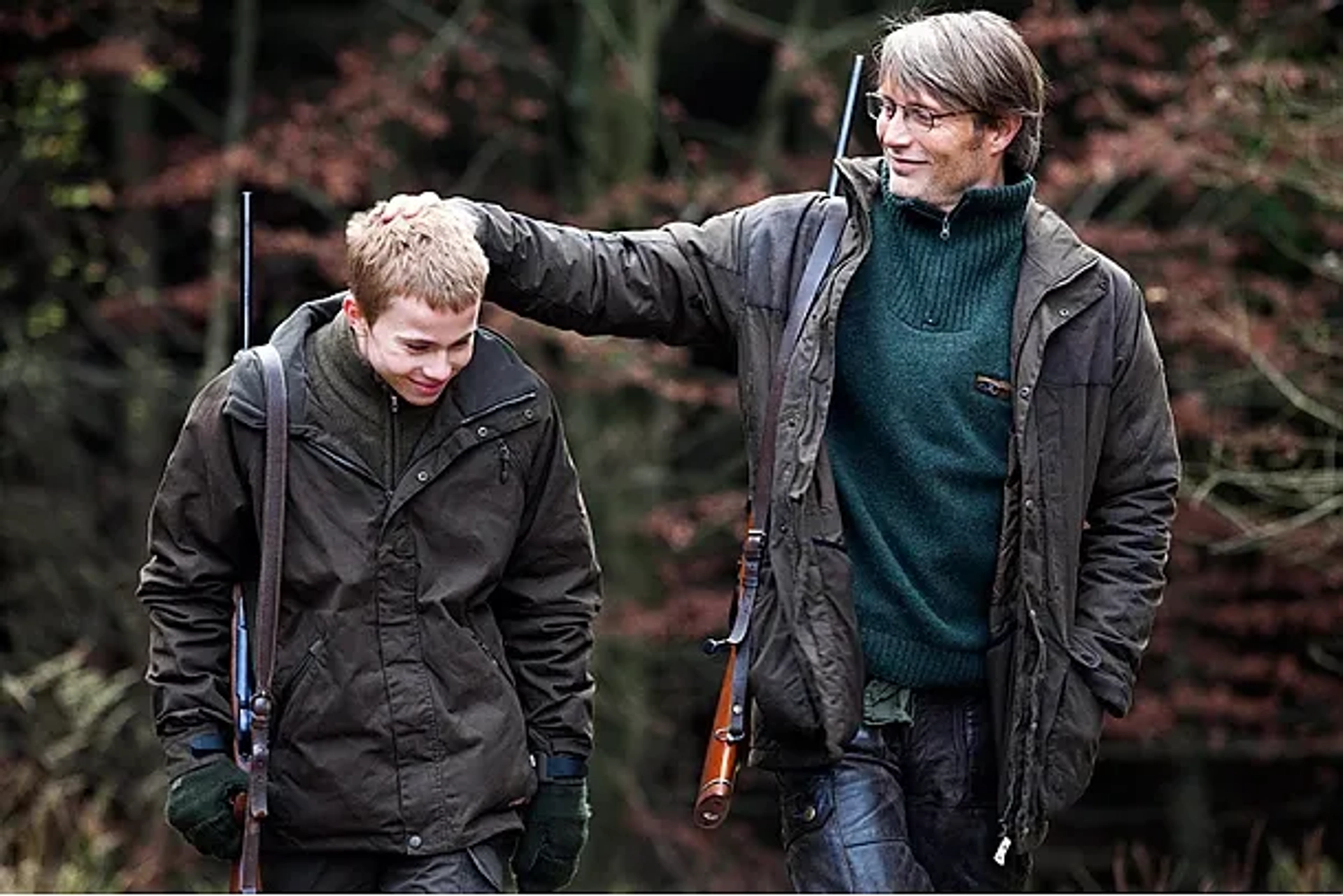 Mads Mikkelsen and Lasse Fogelstrøm in The Hunt (2012)