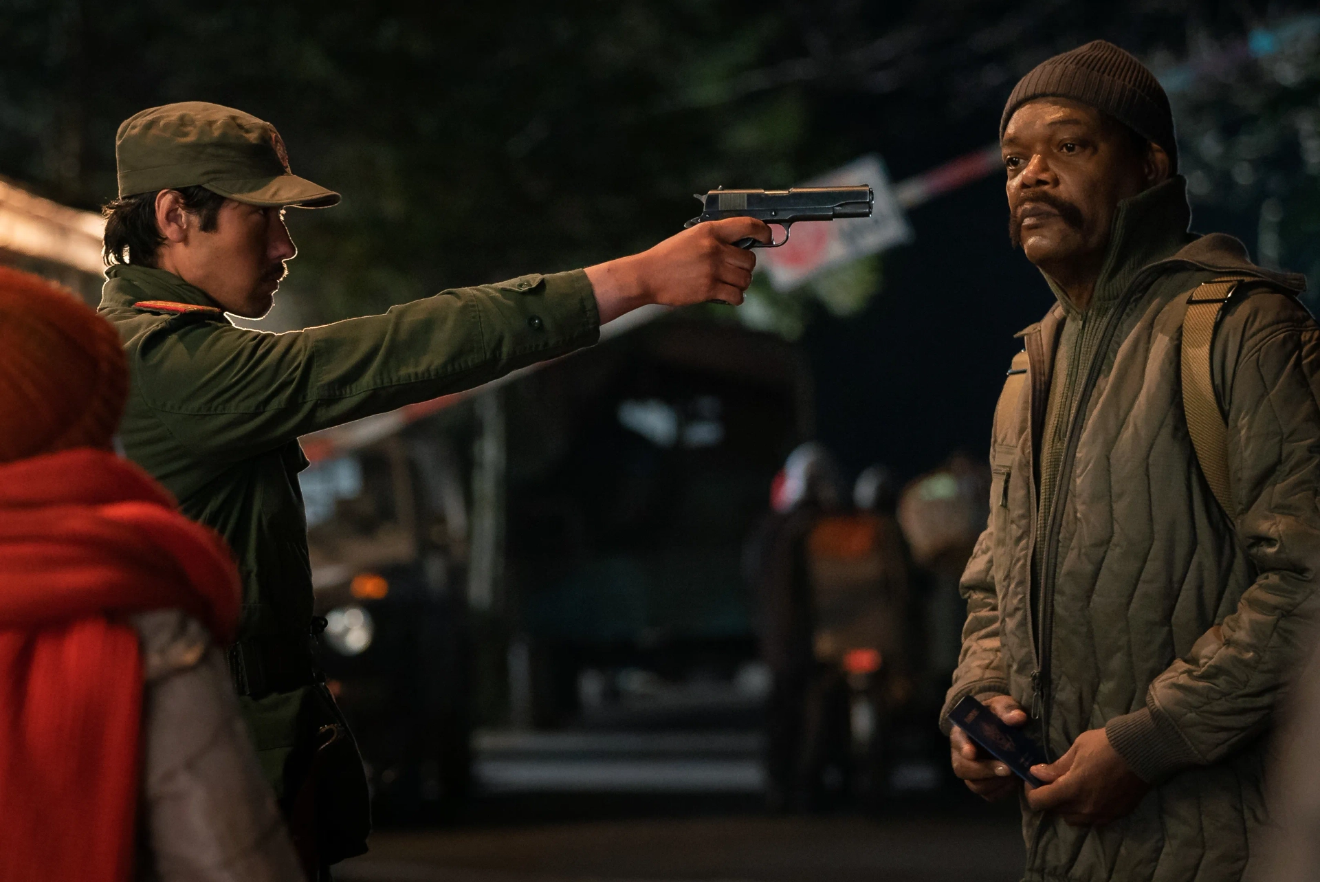 Samuel L. Jackson, Eva Nguyen Thorsen, and Temirkhan Tursungaliyev in The Protégé (2021)