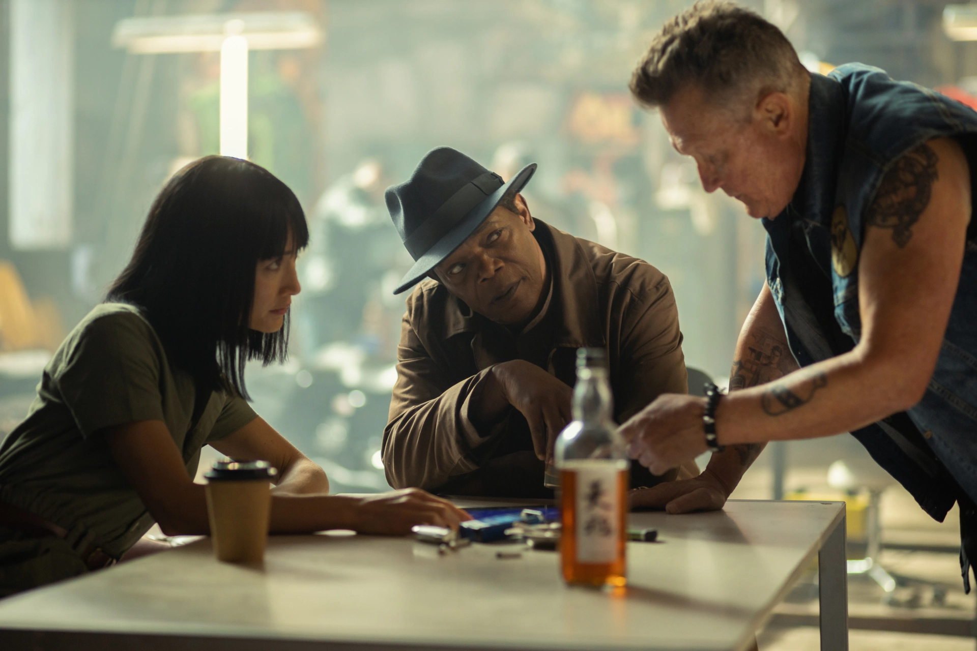 Samuel L. Jackson, Robert Patrick, and Maggie Q in The Protégé (2021)