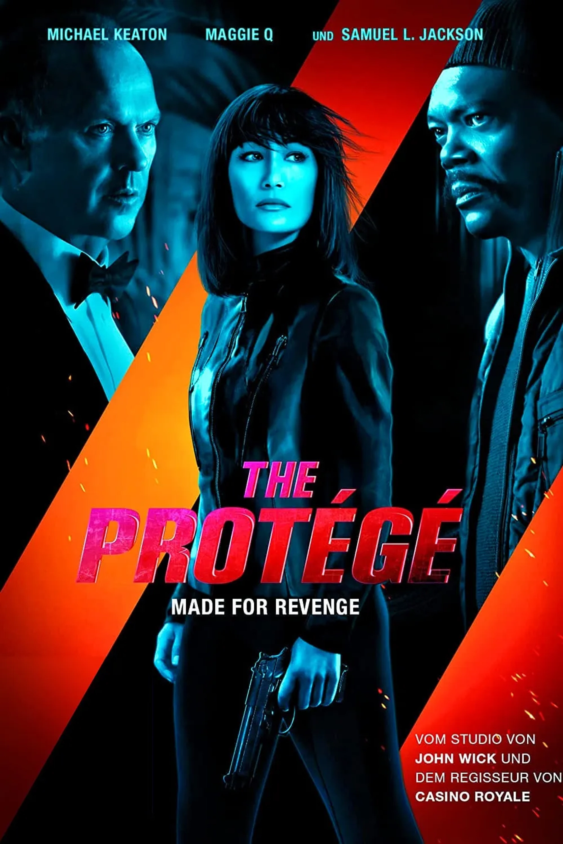 Samuel L. Jackson, Michael Keaton, and Maggie Q in The Protégé (2021)