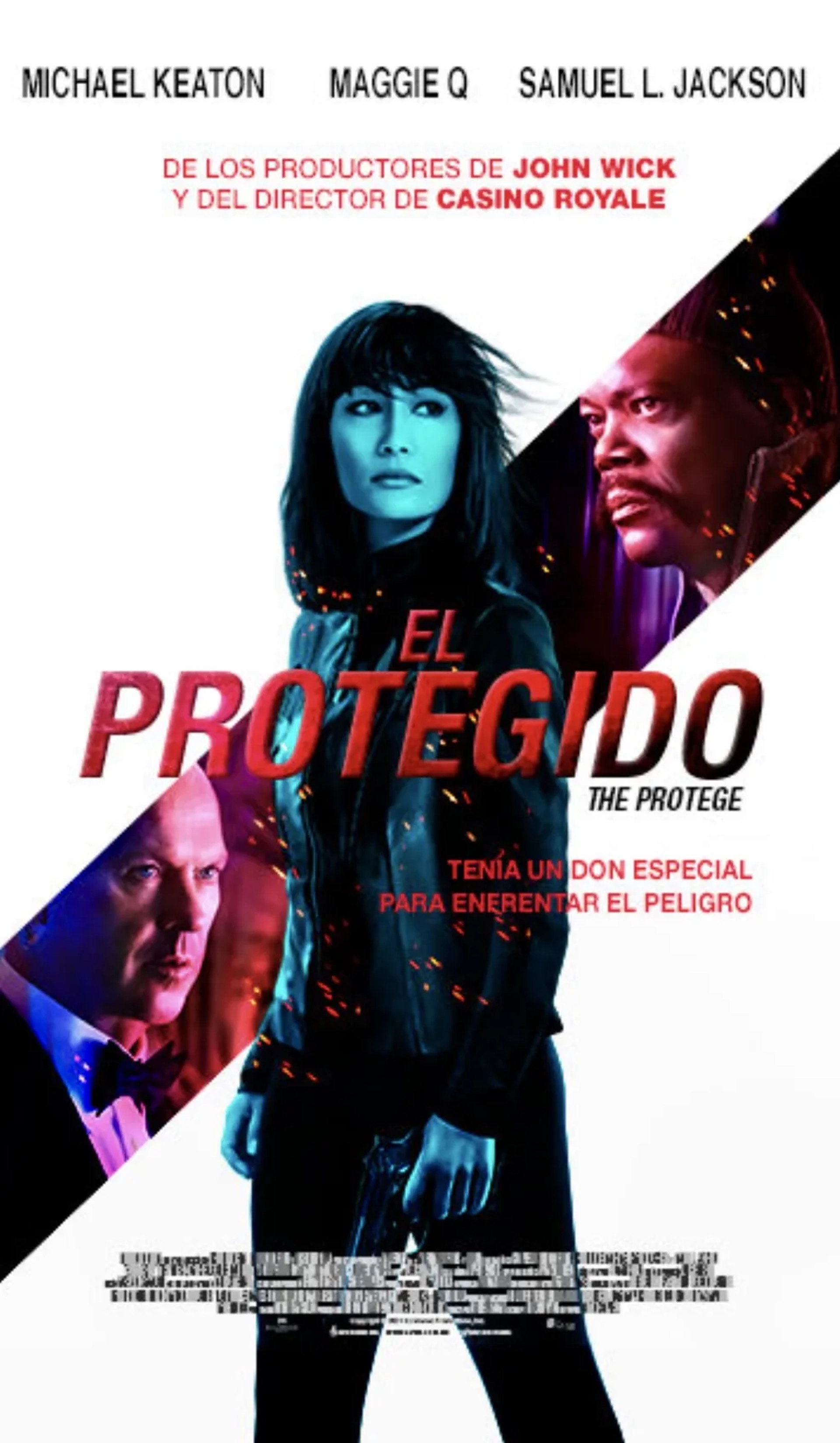 Samuel L. Jackson, Michael Keaton, and Maggie Q in The Protégé (2021)