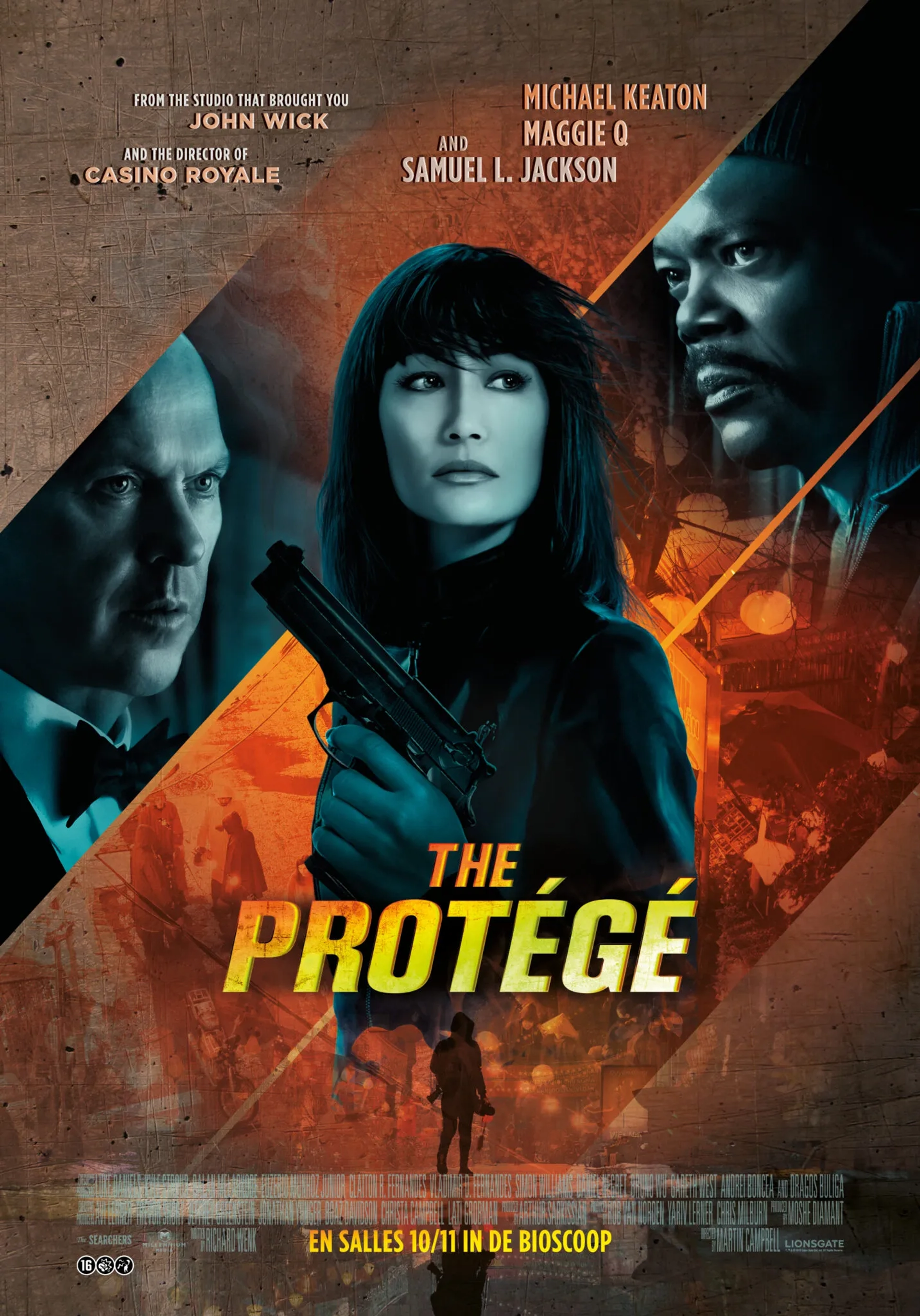 Samuel L. Jackson, Michael Keaton, and Maggie Q in The Protégé (2021)