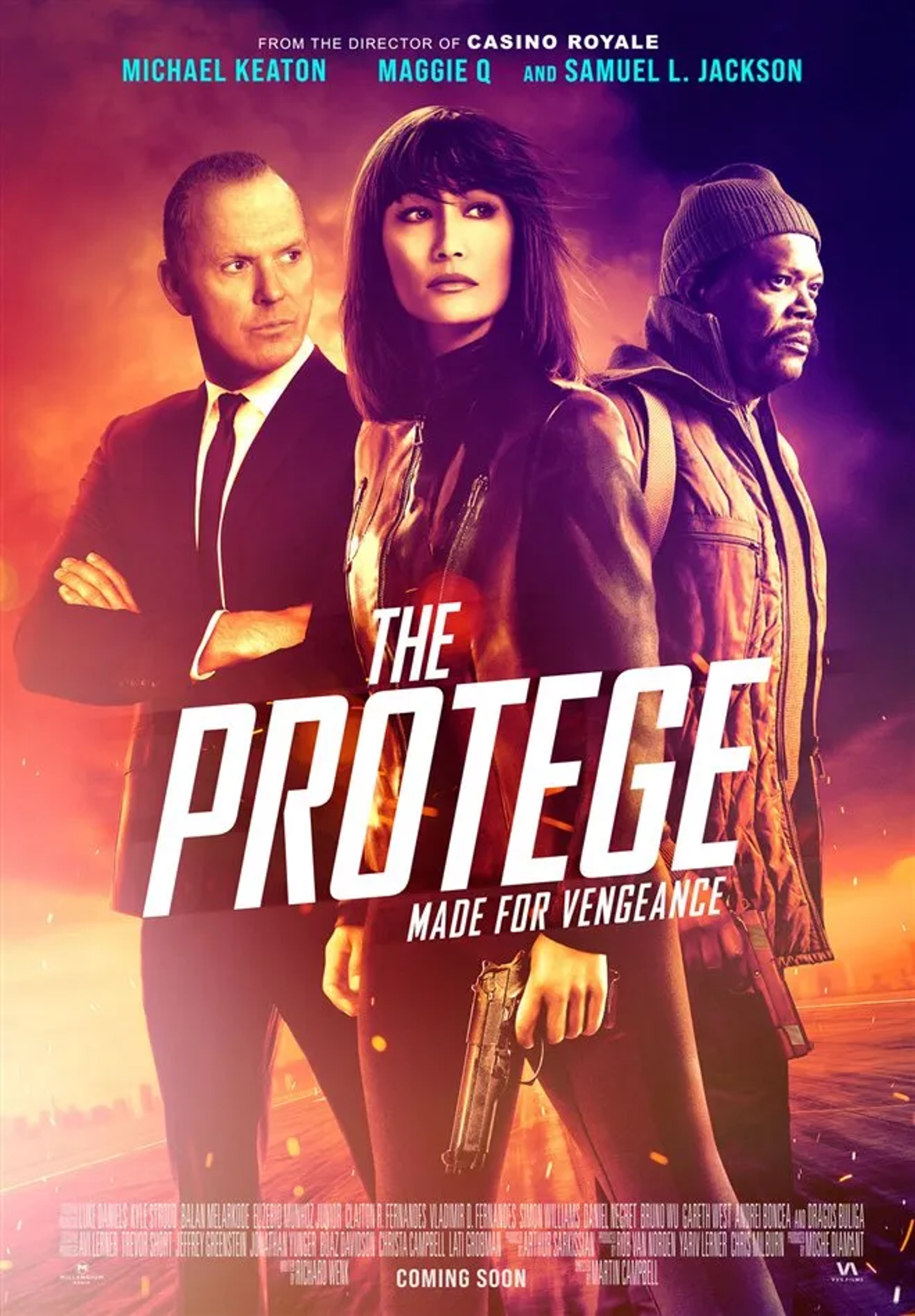 Samuel L. Jackson, Michael Keaton, and Maggie Q in The Protégé (2021)