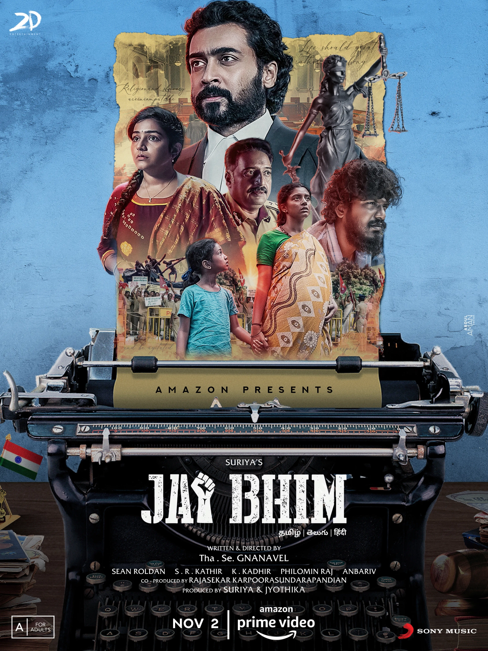 Jyotika, Prakash Raj, Suriya, S.R. Kathir, T.J. Gnanavel, Philomin Raj, Sean Roldan, Lijo Mol Jose, Rajisha Vijayan, and Manikandan K. in Jai Bhim (2021)