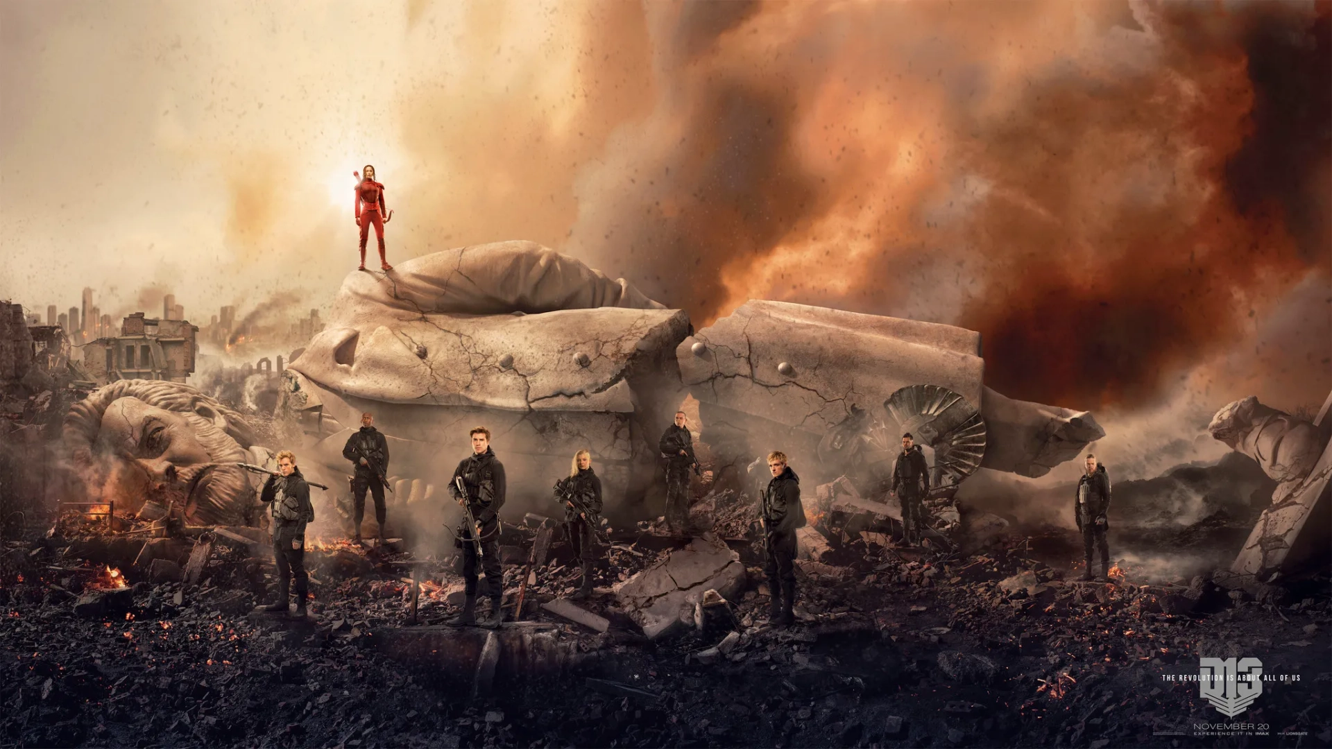 Donald Sutherland, Elden Henson, Mahershala Ali, Josh Hutcherson, Wes Chatham, Natalie Dormer, Evan Ross, Jennifer Lawrence, Liam Hemsworth, and Sam Claflin in The Hunger Games: Mockingjay - Part 2 (2015)