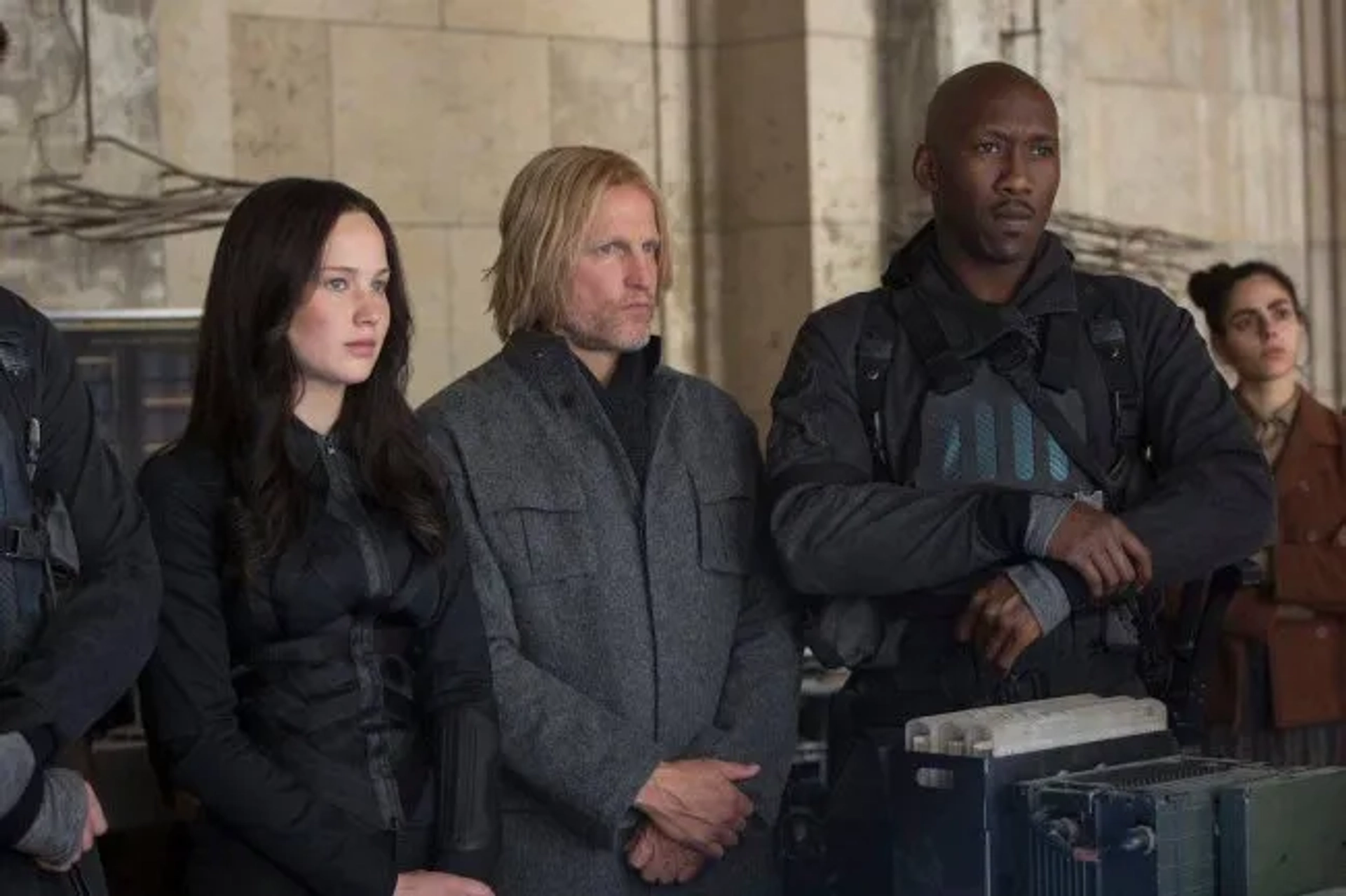 Woody Harrelson, Mahershala Ali, and Jennifer Lawrence in The Hunger Games: Mockingjay - Part 2 (2015)