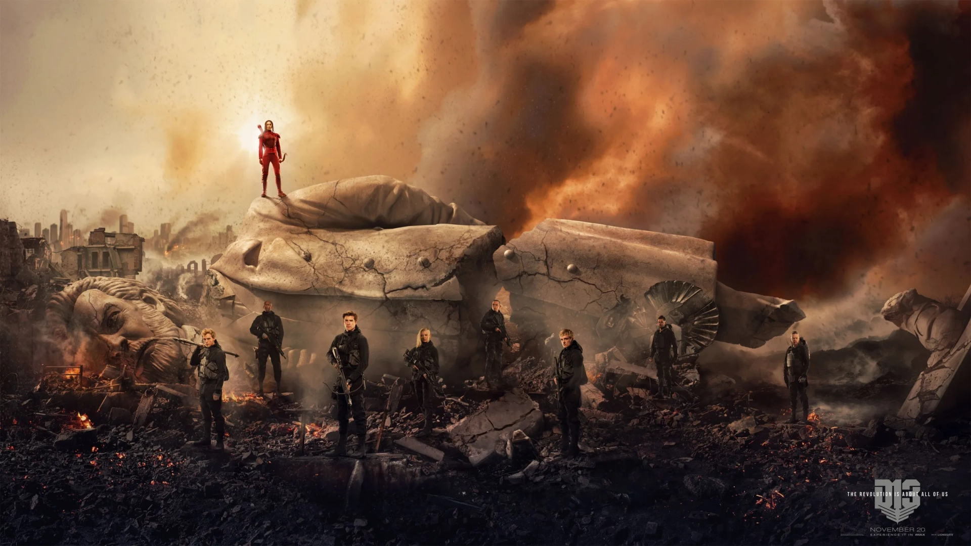 Donald Sutherland, Elden Henson, Mahershala Ali, Josh Hutcherson, Wes Chatham, Natalie Dormer, Evan Ross, Jennifer Lawrence, Liam Hemsworth, and Sam Claflin in The Hunger Games: Mockingjay - Part 2 (2015)