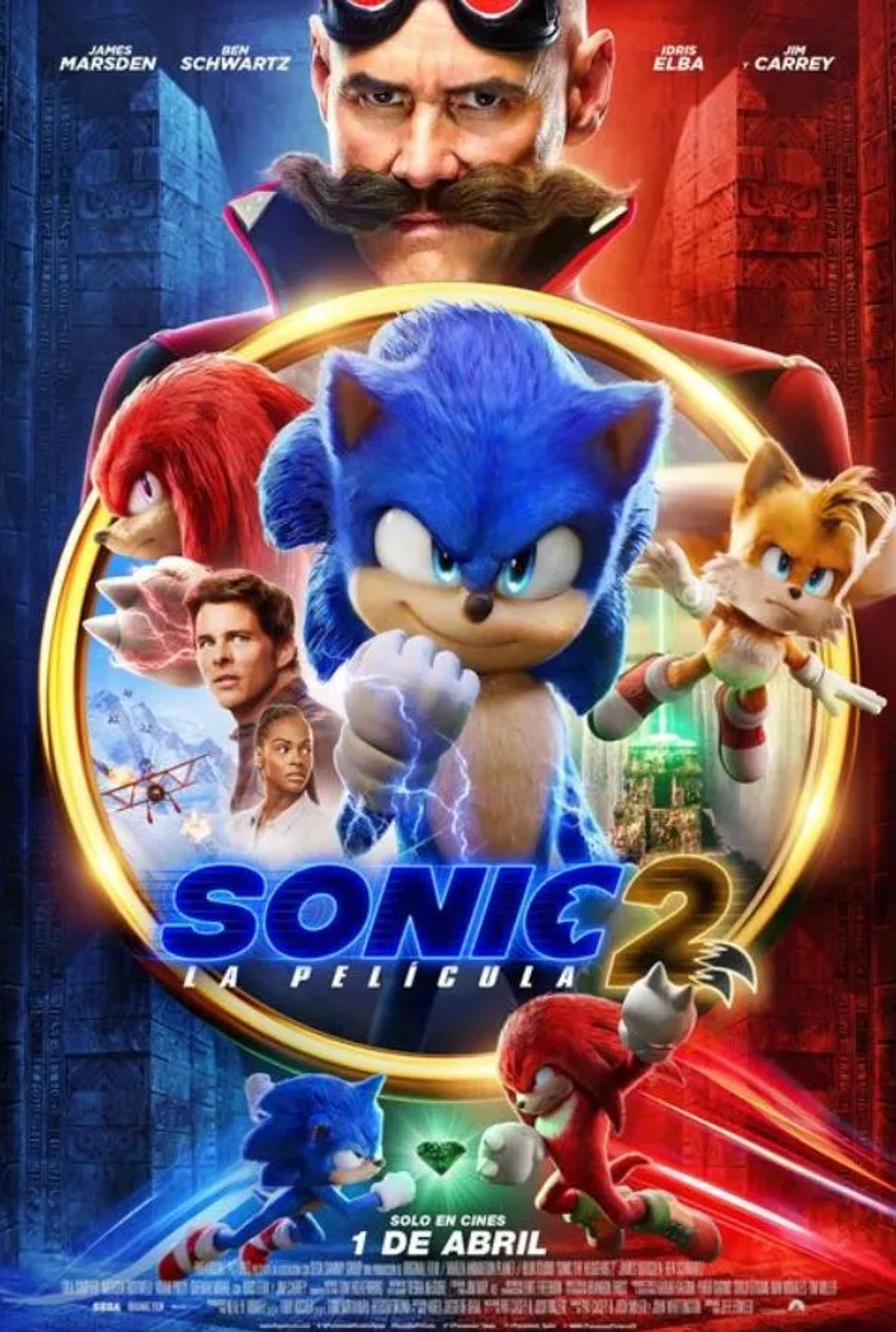 Jim Carrey, James Marsden, Idris Elba, Colleen O'Shaughnessey, Tika Sumpter, and Ben Schwartz in Sonic the Hedgehog 2 (2022)