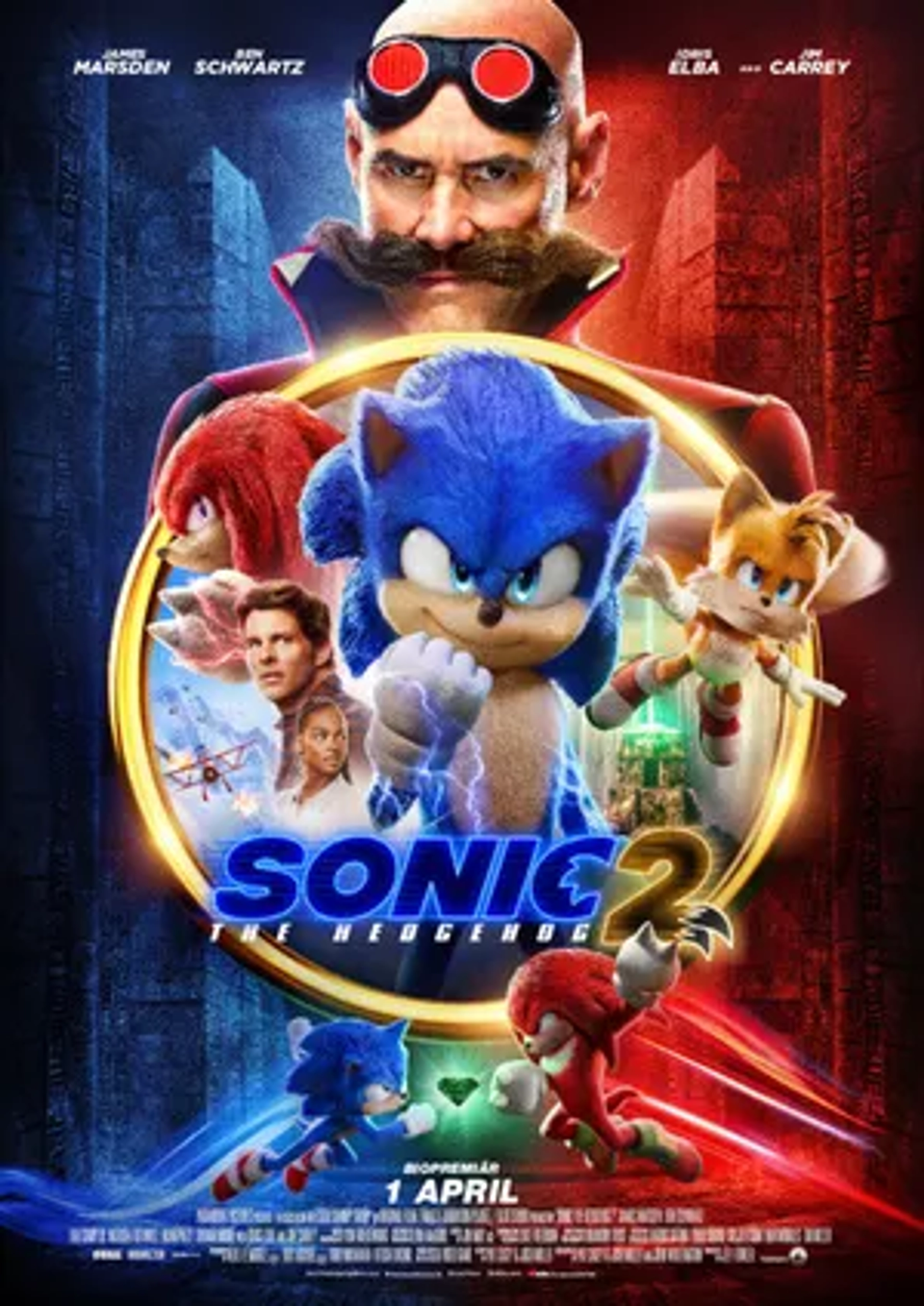 Jim Carrey, James Marsden, Idris Elba, Colleen O'Shaughnessey, Tika Sumpter, and Ben Schwartz in Sonic the Hedgehog 2 (2022)