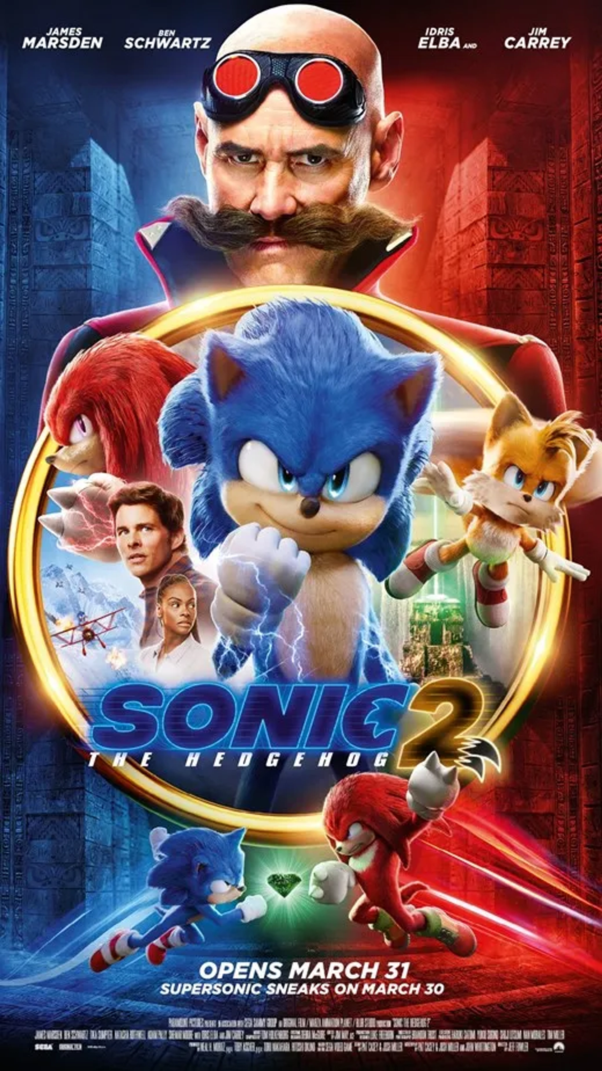 Jim Carrey, James Marsden, Idris Elba, Colleen O'Shaughnessey, Tika Sumpter, and Ben Schwartz in Sonic the Hedgehog 2 (2022)