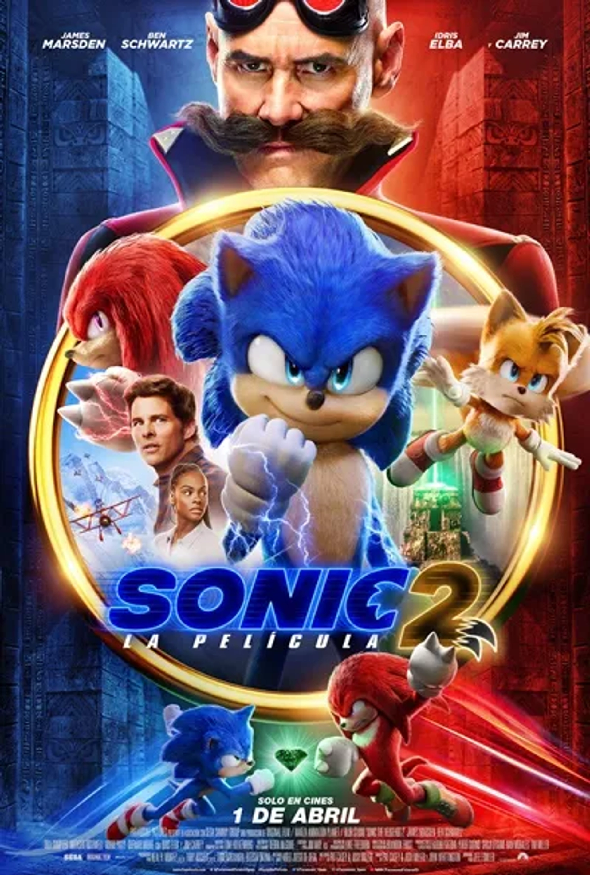 Jim Carrey, James Marsden, Idris Elba, Colleen O'Shaughnessey, Tika Sumpter, and Ben Schwartz in Sonic the Hedgehog 2 (2022)