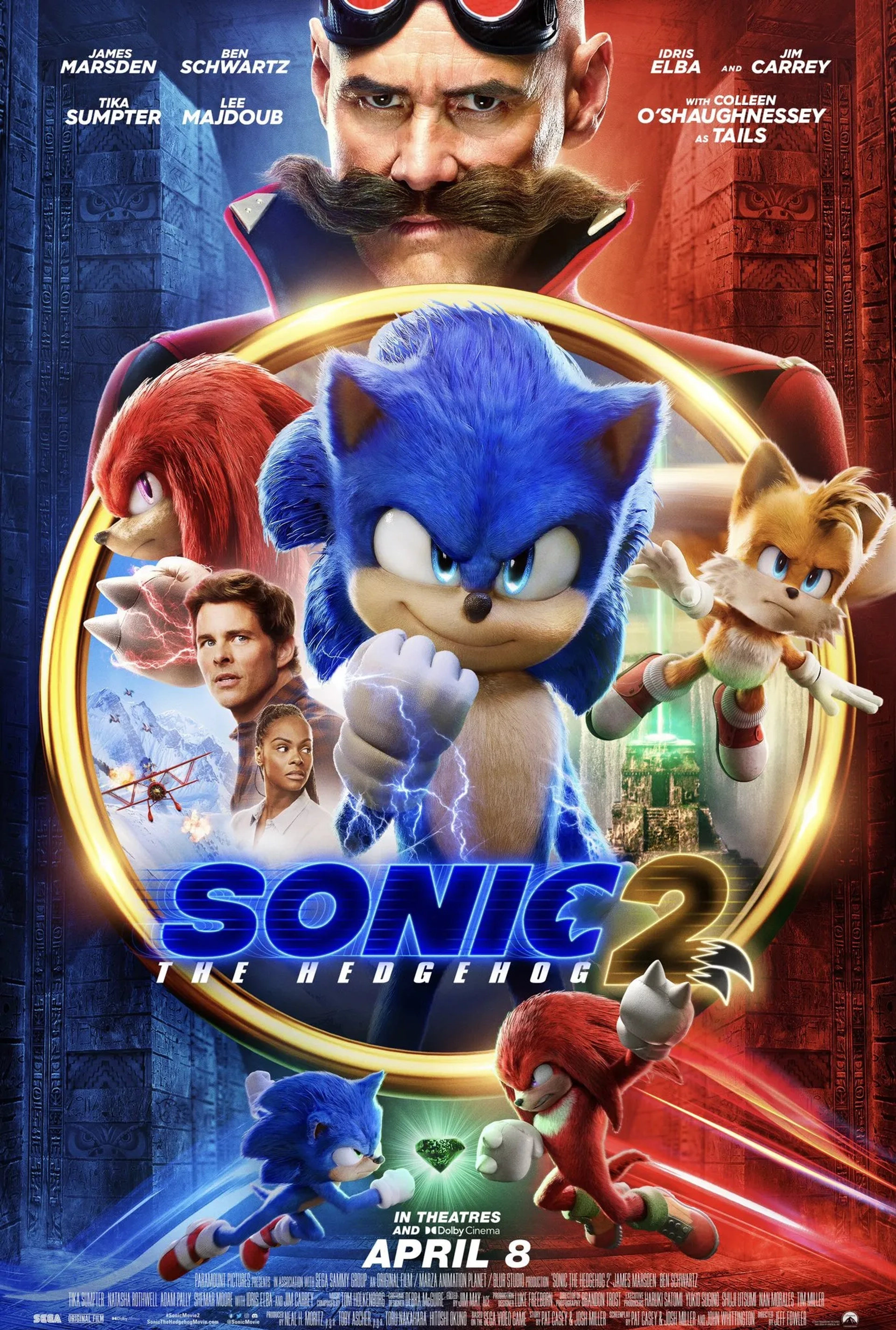 Jim Carrey, James Marsden, Idris Elba, Colleen O'Shaughnessey, Tika Sumpter, and Ben Schwartz in Sonic the Hedgehog 2 (2022)