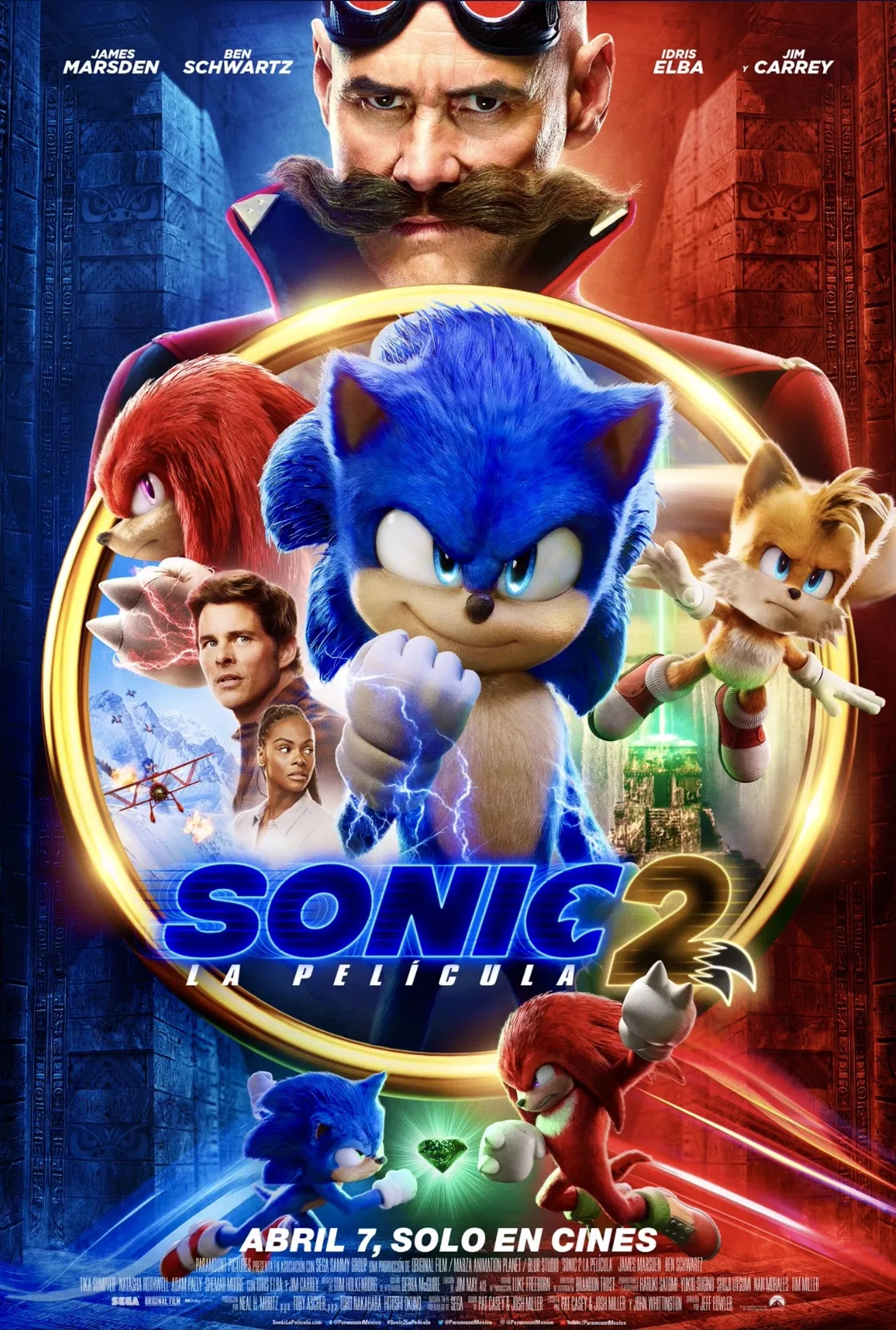 Jim Carrey, James Marsden, Idris Elba, Colleen O'Shaughnessey, Tika Sumpter, and Ben Schwartz in Sonic the Hedgehog 2 (2022)