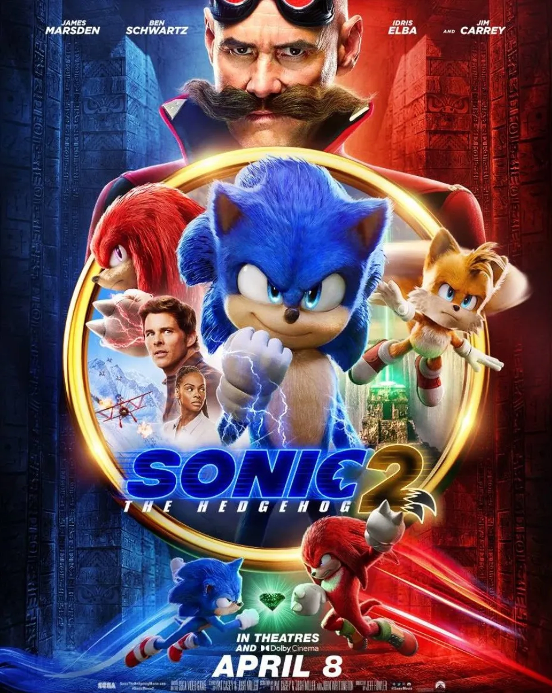 Jim Carrey, James Marsden, Idris Elba, Colleen O'Shaughnessey, Tika Sumpter, and Ben Schwartz in Sonic the Hedgehog 2 (2022)