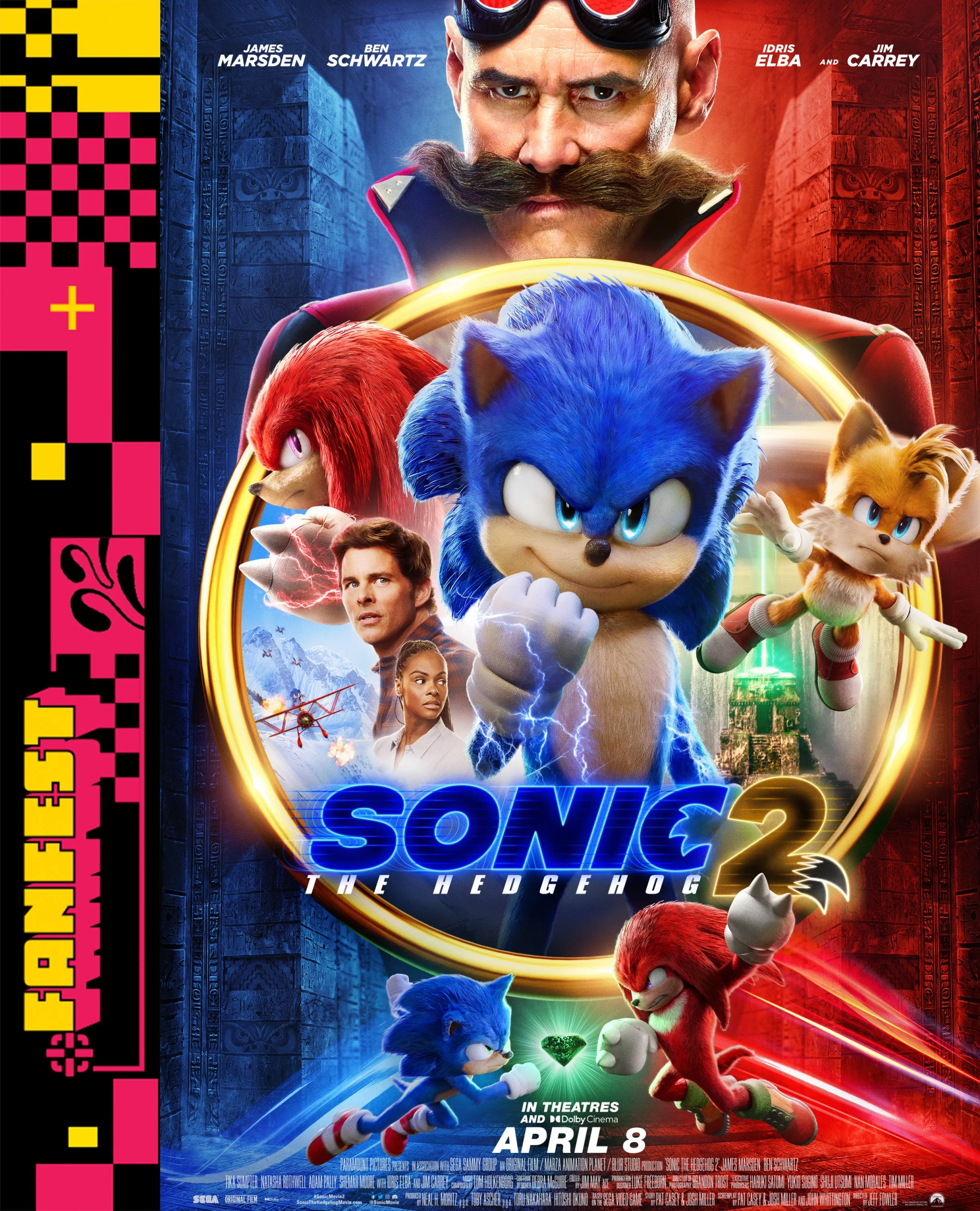 Jim Carrey, James Marsden, Idris Elba, Colleen O'Shaughnessey, Tika Sumpter, and Ben Schwartz in Sonic the Hedgehog 2 (2022)