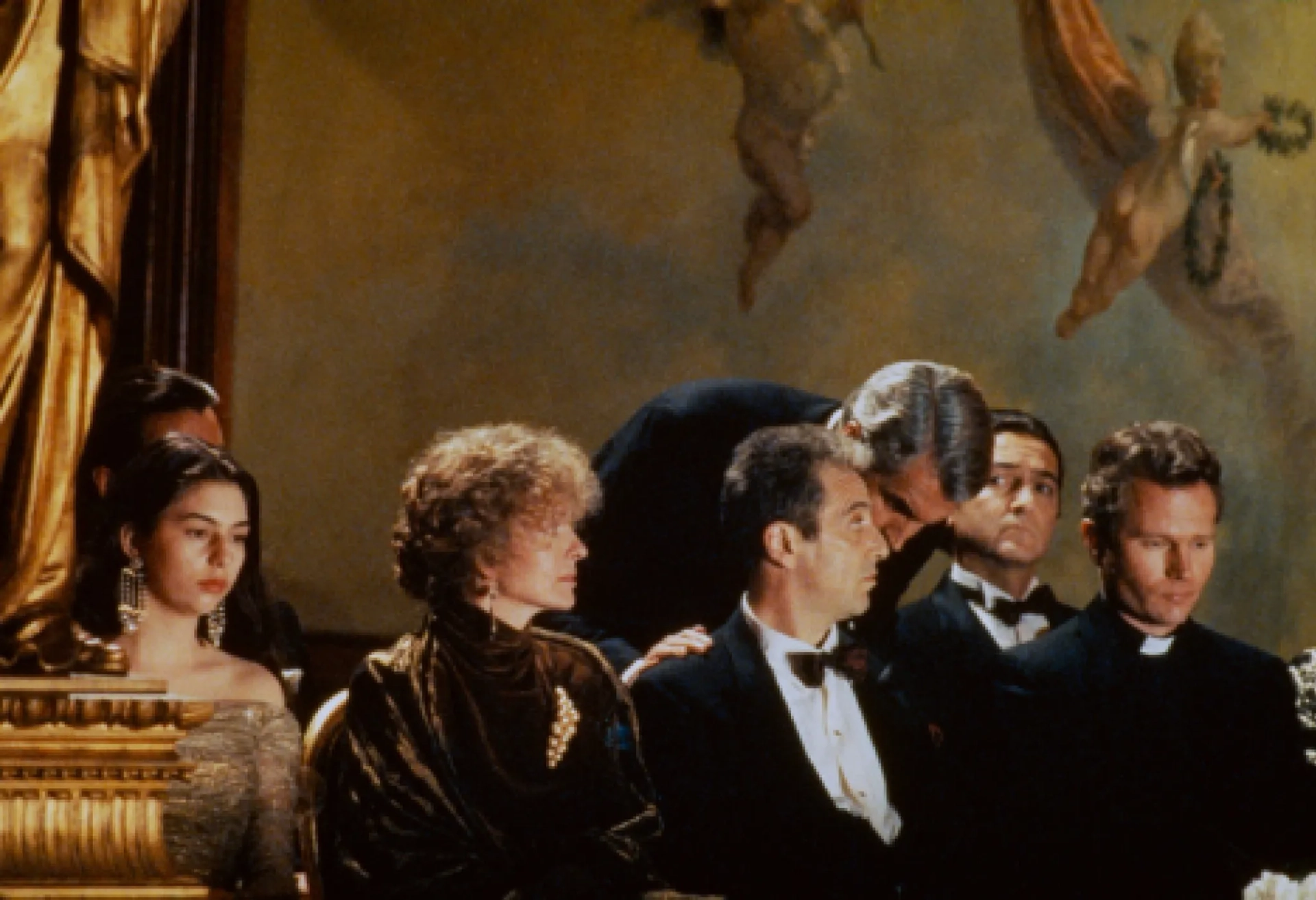 Al Pacino, Diane Keaton, Sofia Coppola, George Hamilton, John Savage, and Don Novello in The Godfather Part III (1990)