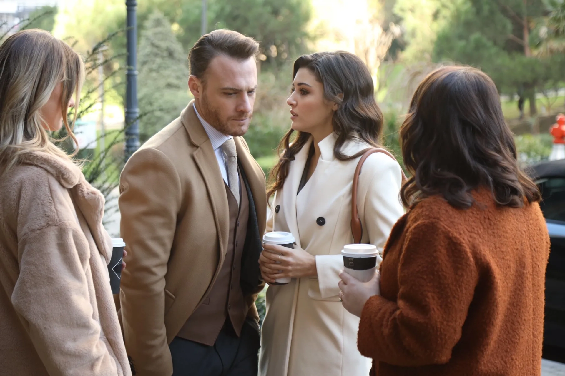 Kerem Bürsin, Hande Erçel, Elcin Afacan, and Melisa Döngel in You Knock on My Door (2020)