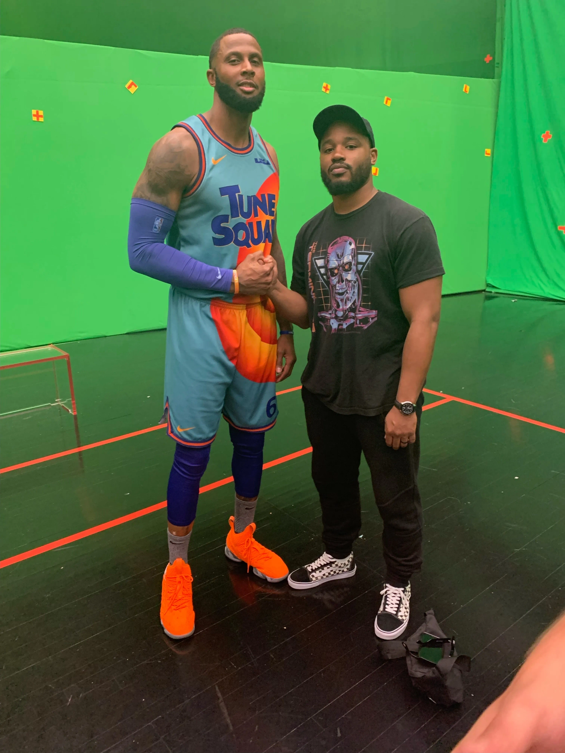 Zach Andrews (stunt double for Lebron James) on set with Director, Ryan Coogler, during the filming of Space Jam 2: A New Legacy.