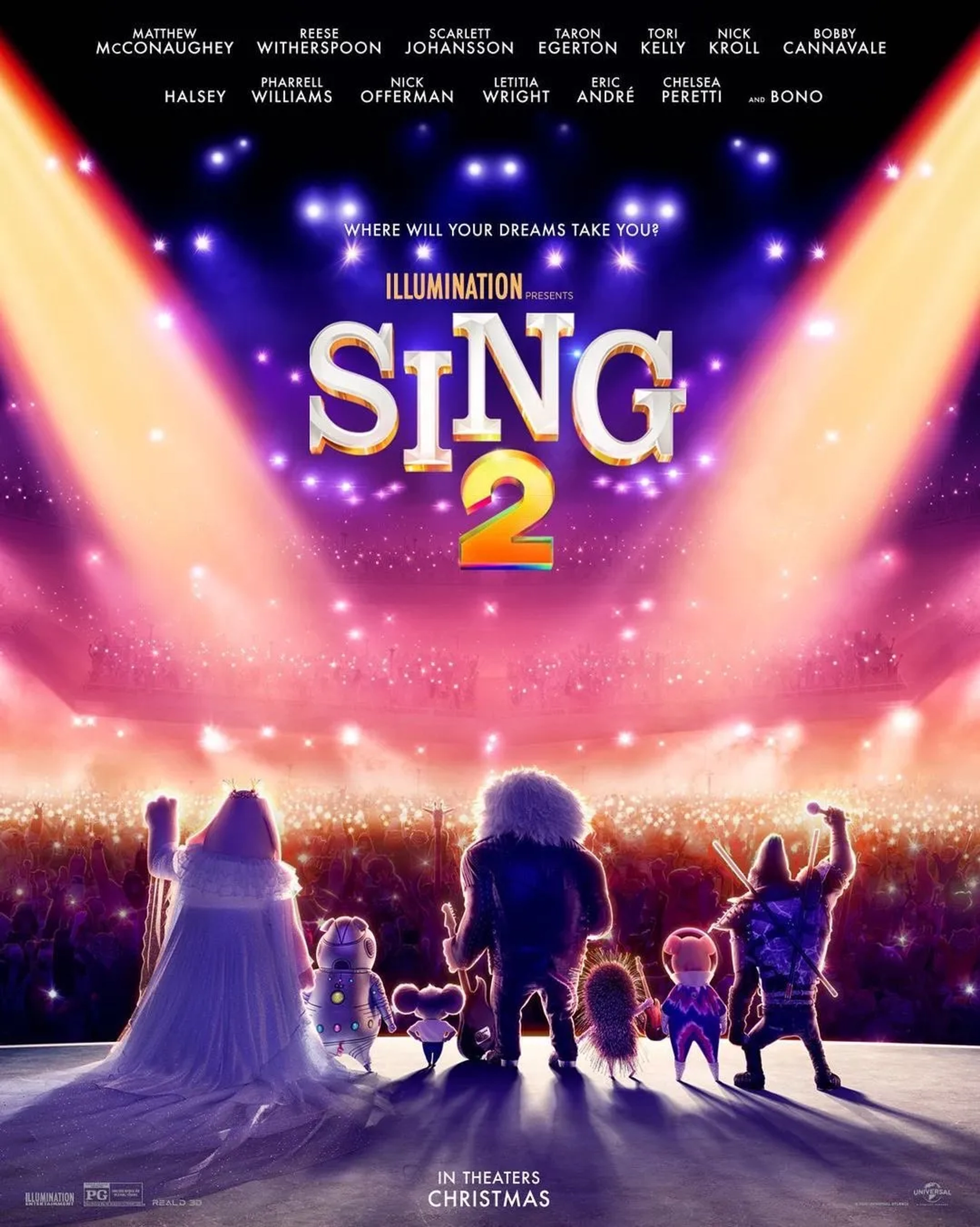 Matthew McConaughey, Reese Witherspoon, Bono, Scarlett Johansson, Nick Kroll, Tori Kelly, and Taron Egerton in Sing 2 (2021)