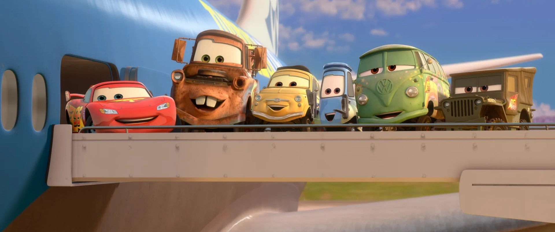 Tony Shalhoub, Owen Wilson, Paul Dooley, Guido Quaroni, Lloyd Sherr, and Larry the Cable Guy in Cars 2 (2011)