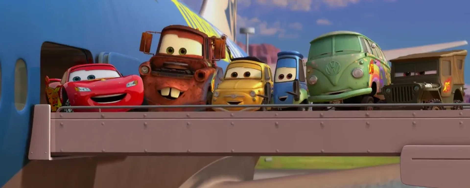 Tony Shalhoub, Owen Wilson, Paul Dooley, Guido Quaroni, Lloyd Sherr, and Larry the Cable Guy in Cars 2 (2011)