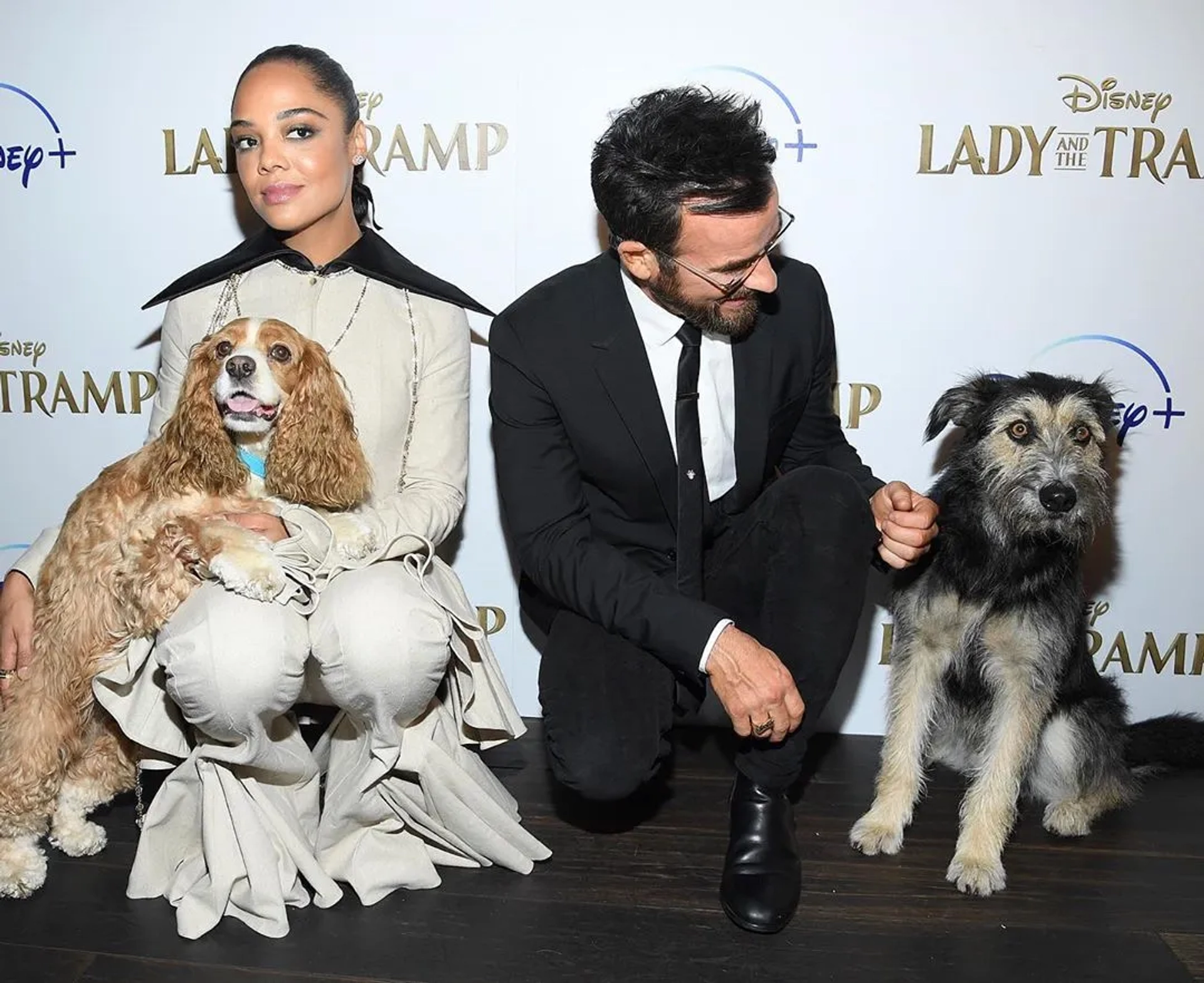 Justin Theroux, Rose, Monte, and Tessa Thompson at an event for Lady and the Tramp (2019)