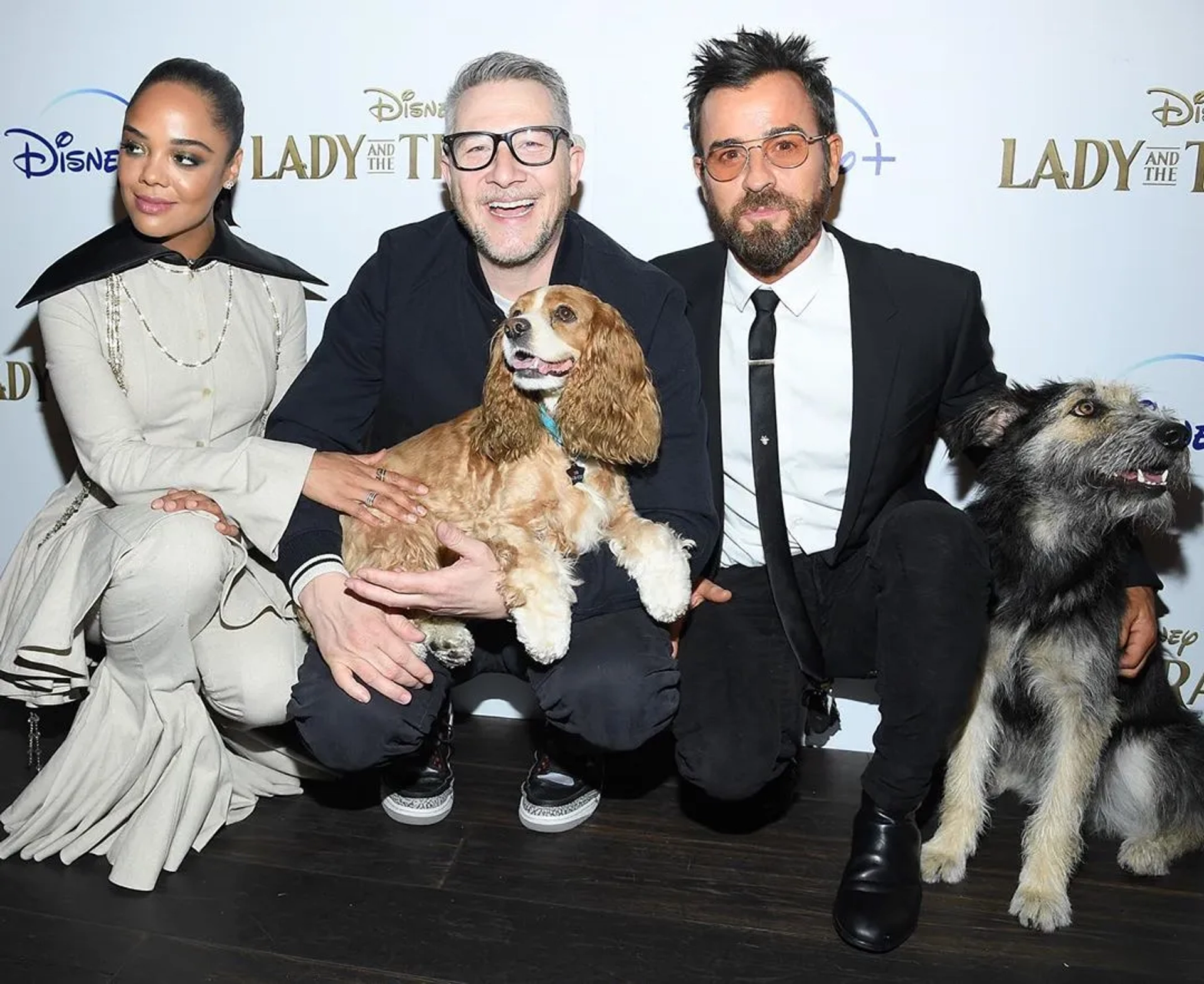 Charlie Bean, Justin Theroux, Rose, Monte, and Tessa Thompson at an event for Lady and the Tramp (2019)