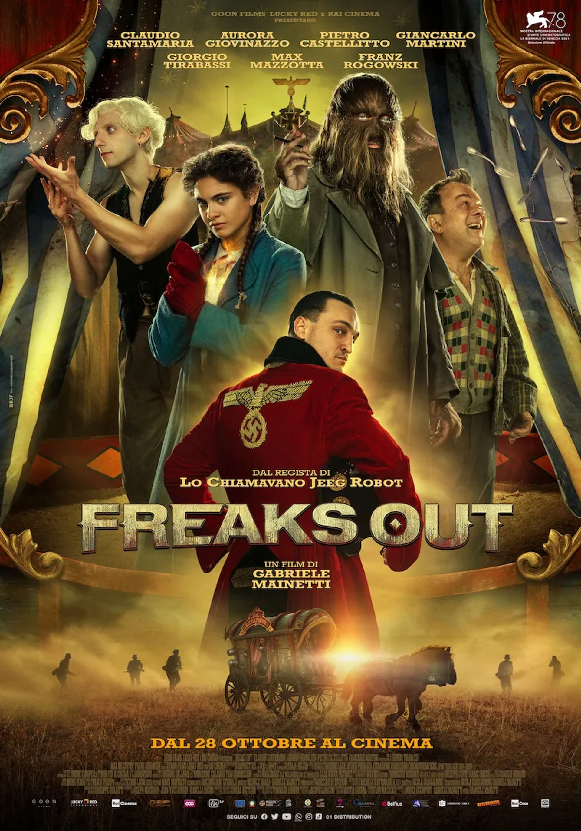 Claudio Santamaria, Giancarlo Martini, Pietro Castellitto, Aurora Giovinazzo, and Franz Rogowski in Freaks Out (2021)