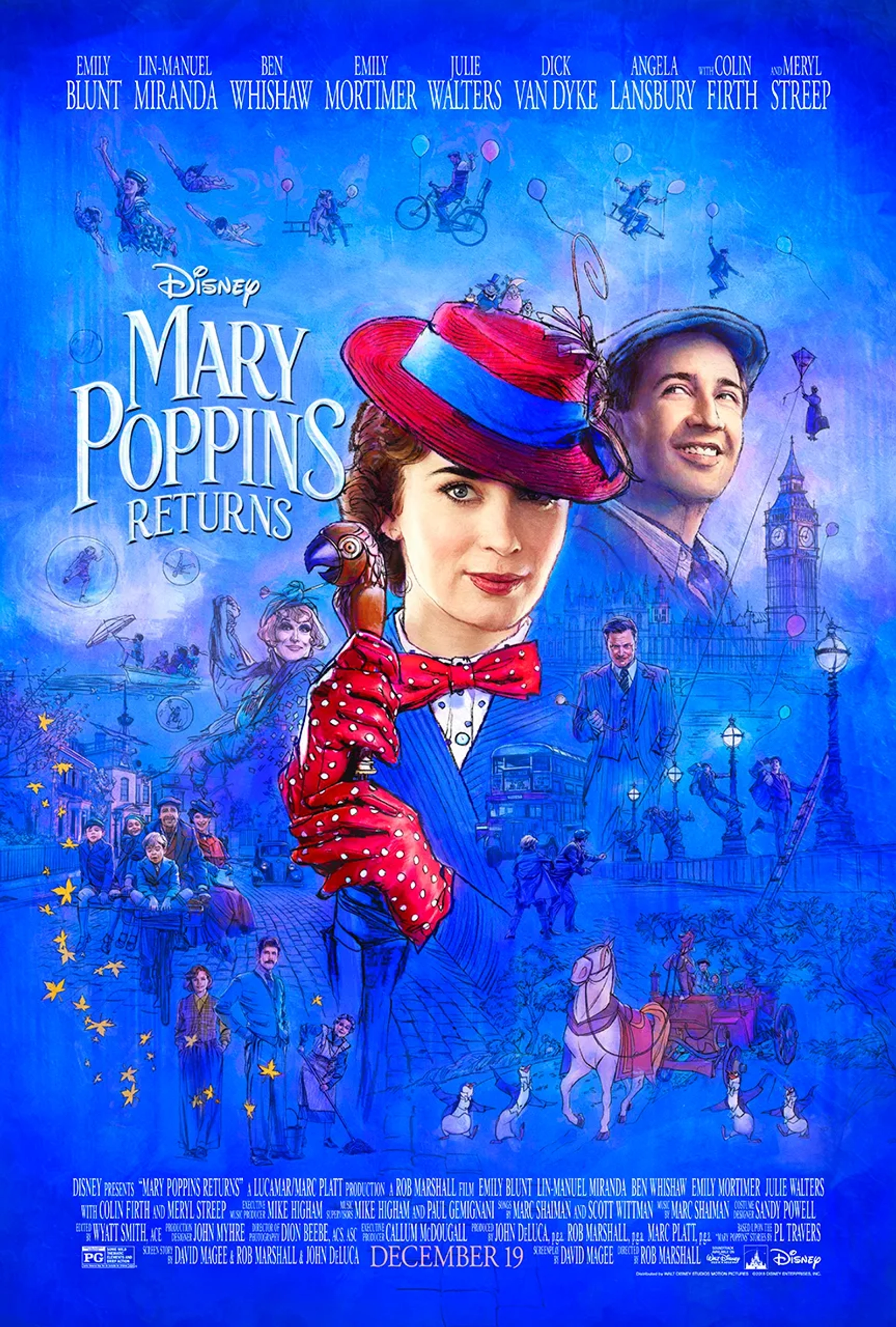 Colin Firth, Meryl Streep, Lin-Manuel Miranda, Emily Mortimer, Julie Walters, Ben Whishaw, Emily Blunt, Pixie Davies, Nathanael Saleh, and Joel Dawson in Mary Poppins Returns (2018)