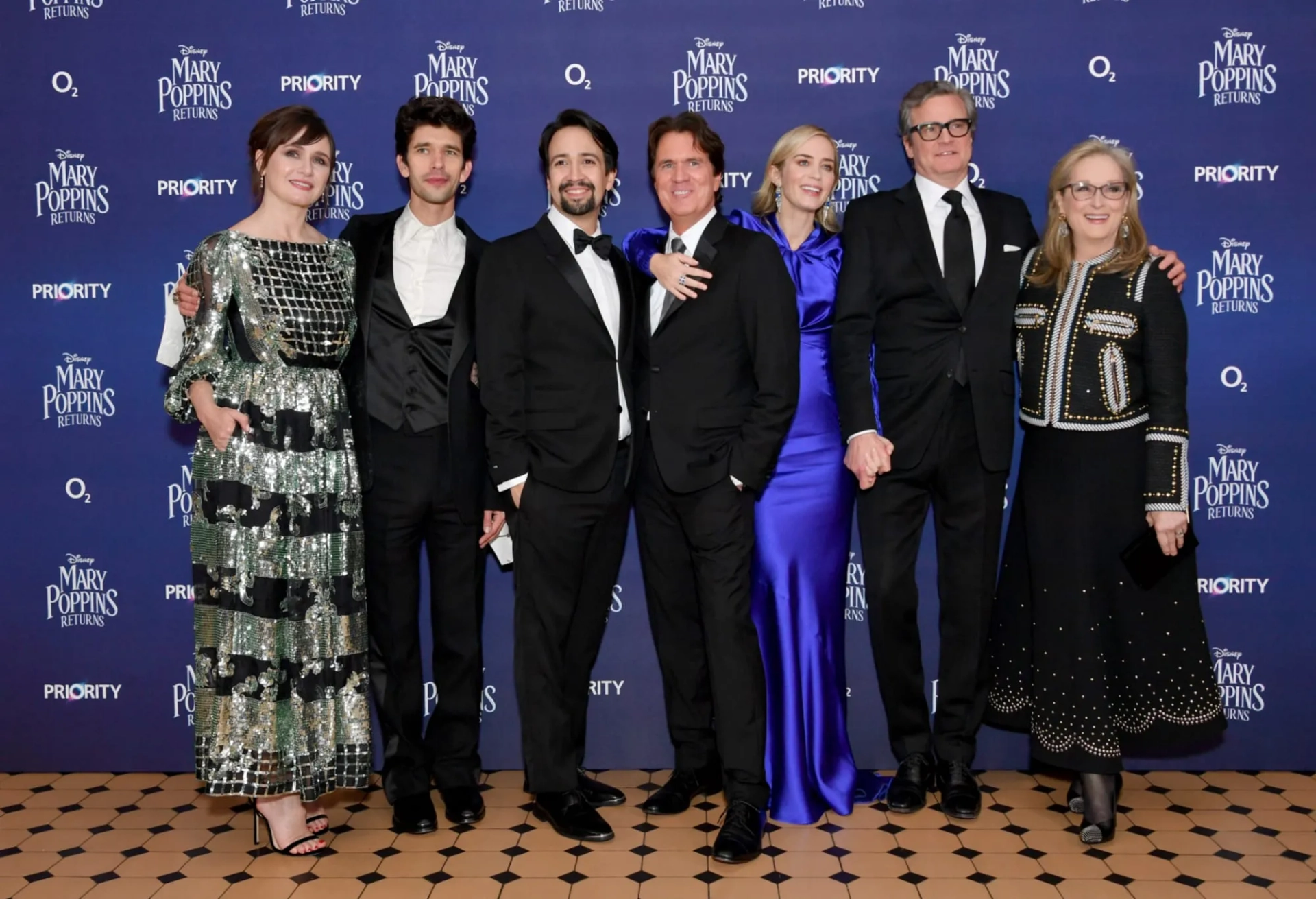 Colin Firth, Meryl Streep, Rob Marshall, Lin-Manuel Miranda, Emily Mortimer, Ben Whishaw, and Emily Blunt at an event for Mary Poppins Returns (2018)