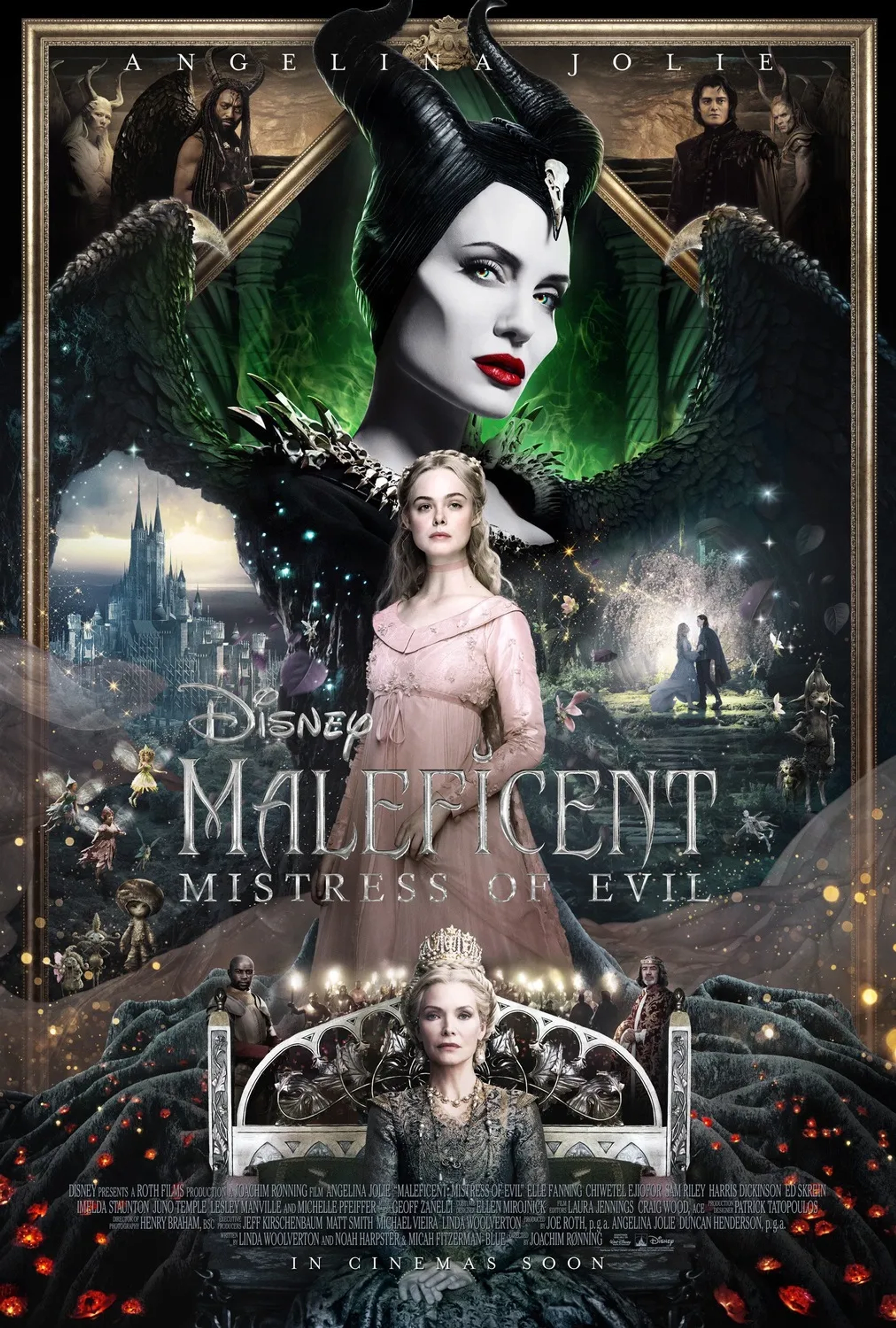 Michelle Pfeiffer, Angelina Jolie, Imelda Staunton, Chiwetel Ejiofor, Robert Lindsay, Lesley Manville, Sam Riley, Juno Temple, Elle Fanning, David Gyasi, Miyavi, Ed Skrein, and Harris Dickinson in Maleficent: Mistress of Evil (2019)