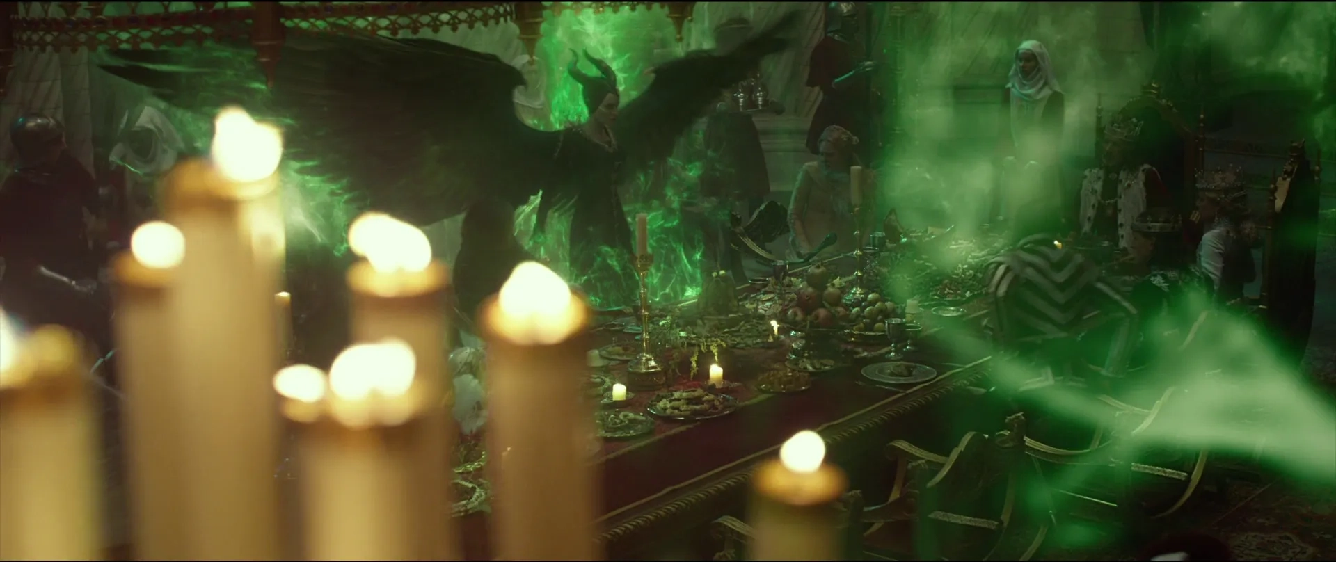 Michelle Pfeiffer, Angelina Jolie, Robert Lindsay, Elle Fanning, and Harris Dickinson in Maleficent: Mistress of Evil (2019)