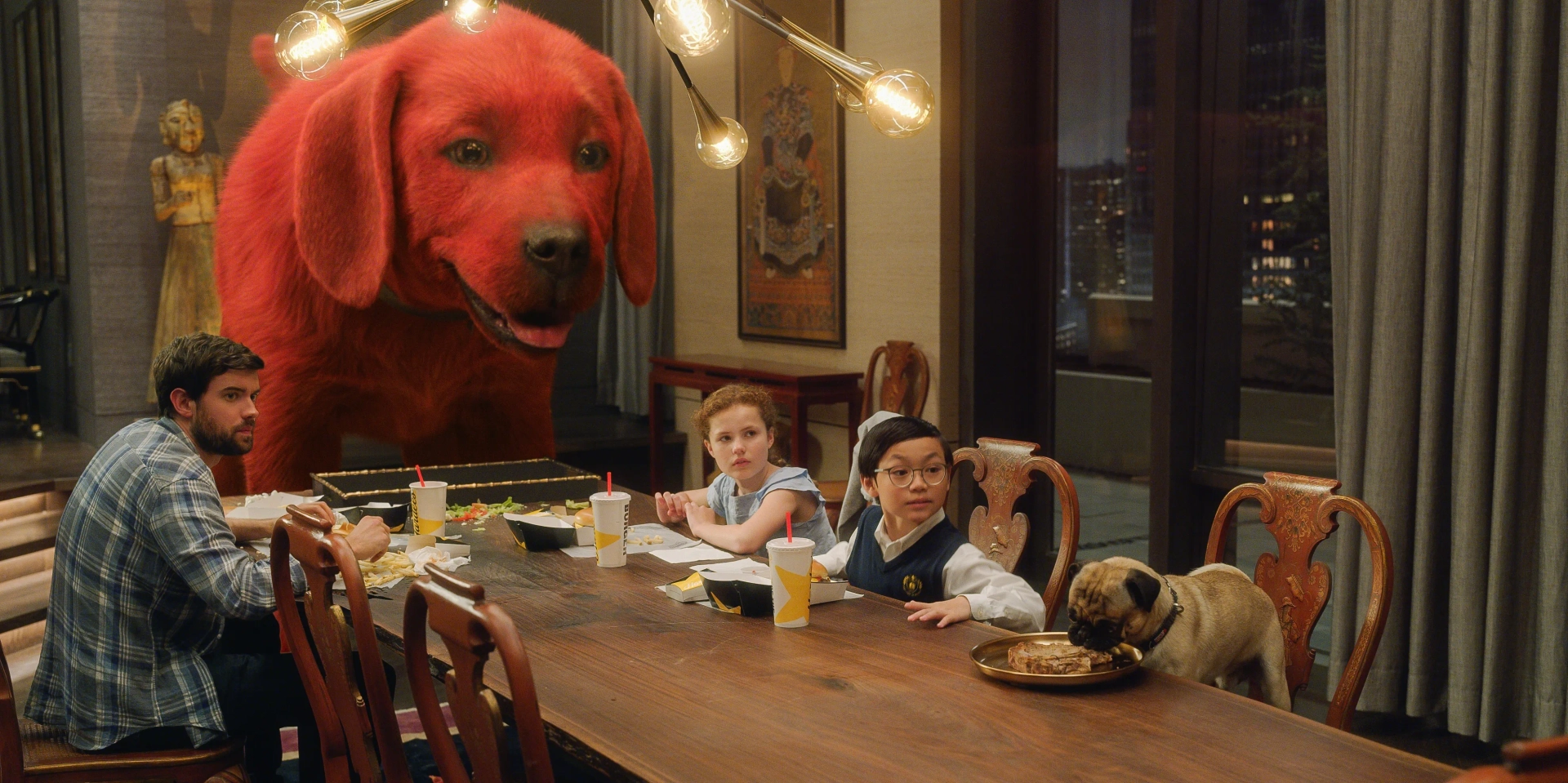 Jack Whitehall, Darby Camp, and Izaac Wang in Clifford the Big Red Dog (2021)