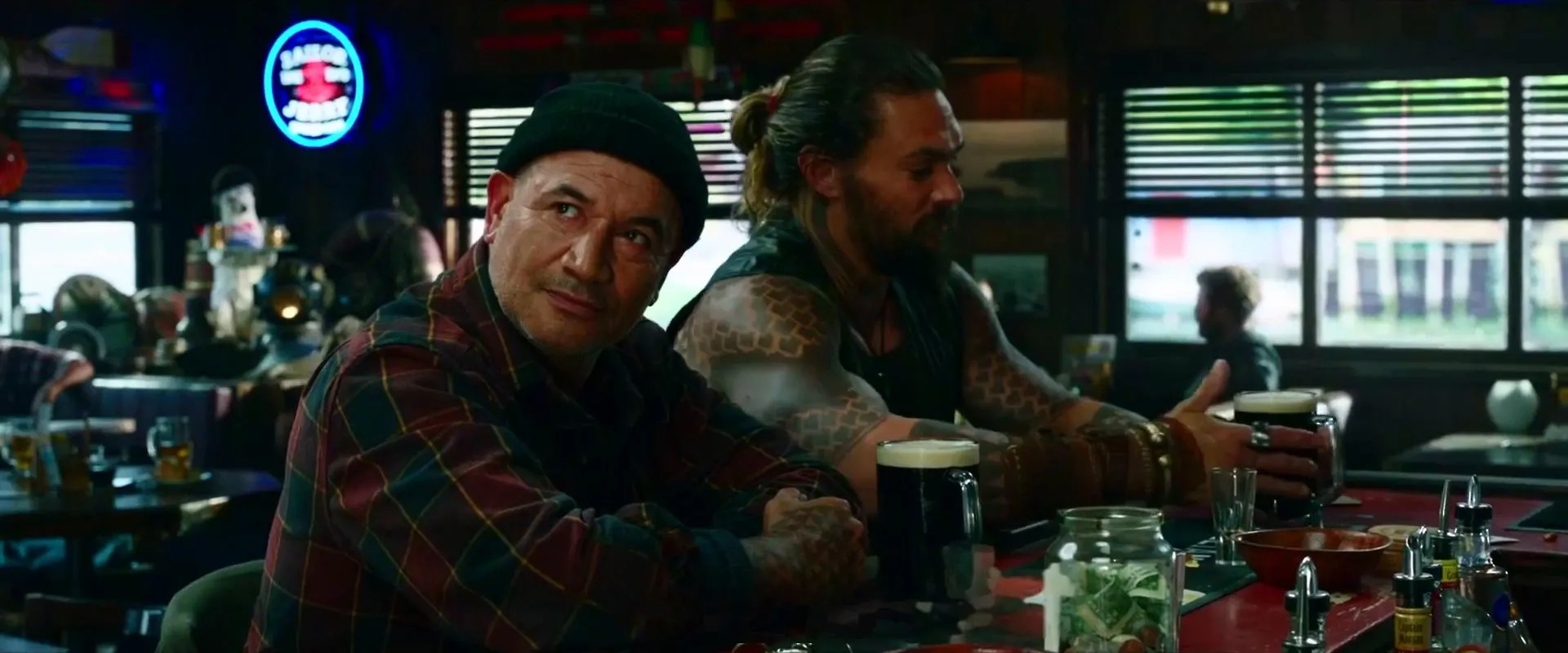 Jason Momoa and Temuera Morrison in Aquaman (2018)