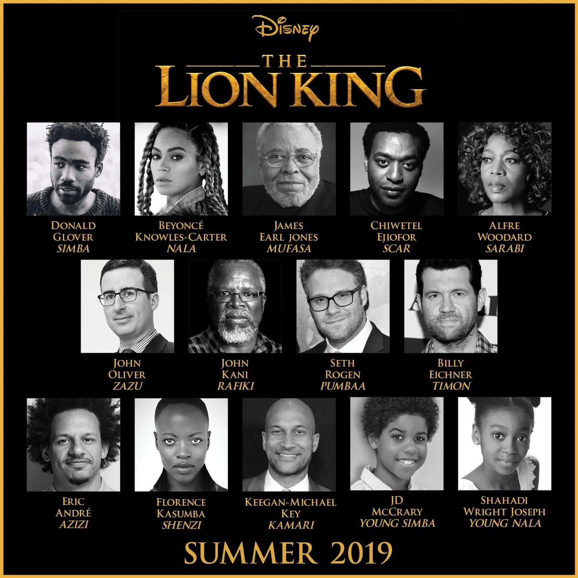 James Earl Jones, Alfre Woodard, Chiwetel Ejiofor, John Kani, Florence Kasumba, Beyoncé, Seth Rogen, John Oliver, Keegan-Michael Key, Donald Glover, Eric André, Billy Eichner, JD McCrary, and Shahadi Wright Joseph in The Lion King (2019)