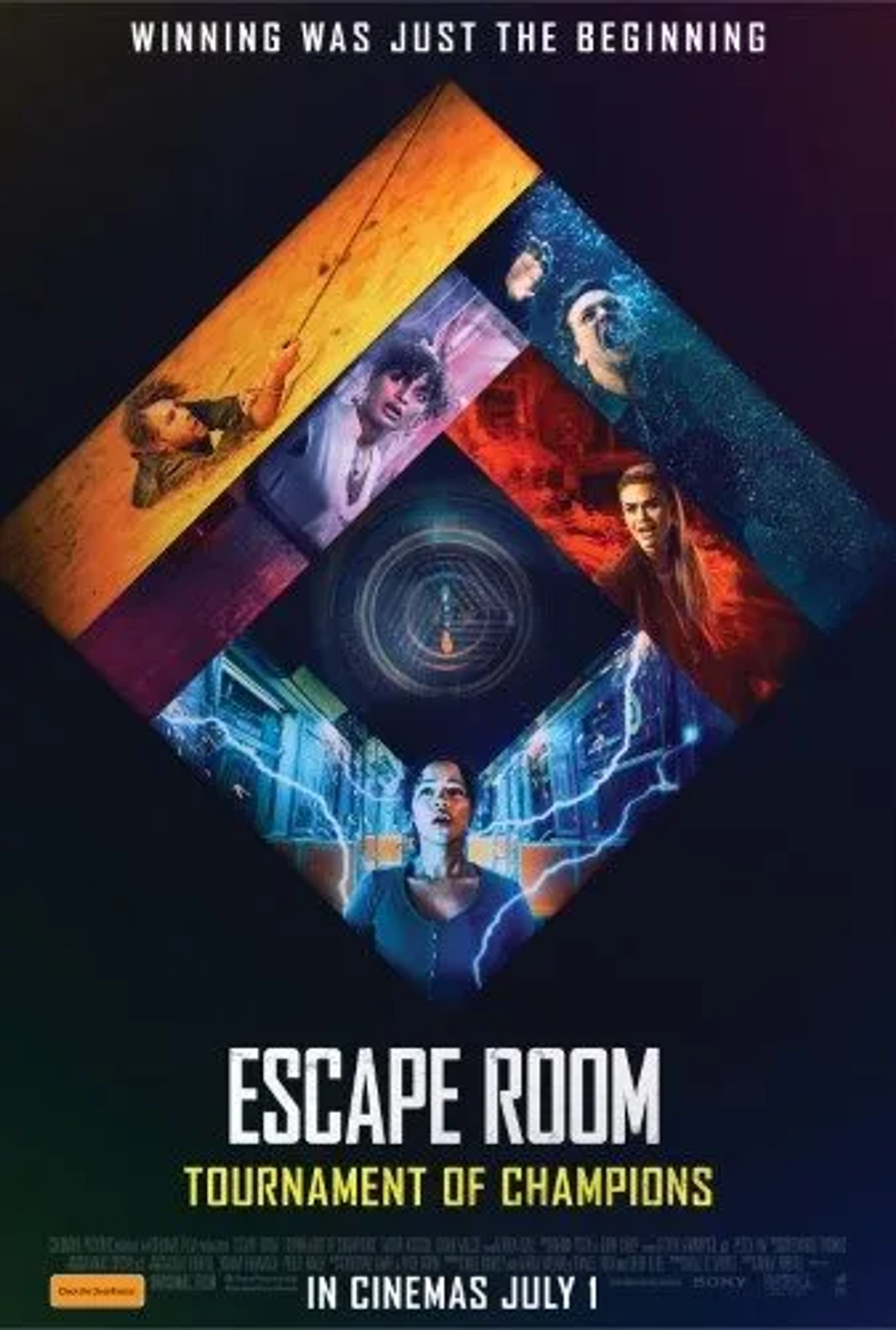 Holland Roden, Logan Miller, Taylor Russell, Thomas Cocquerel, and Indya Moore in Escape Room: Tournament of Champions (2021)