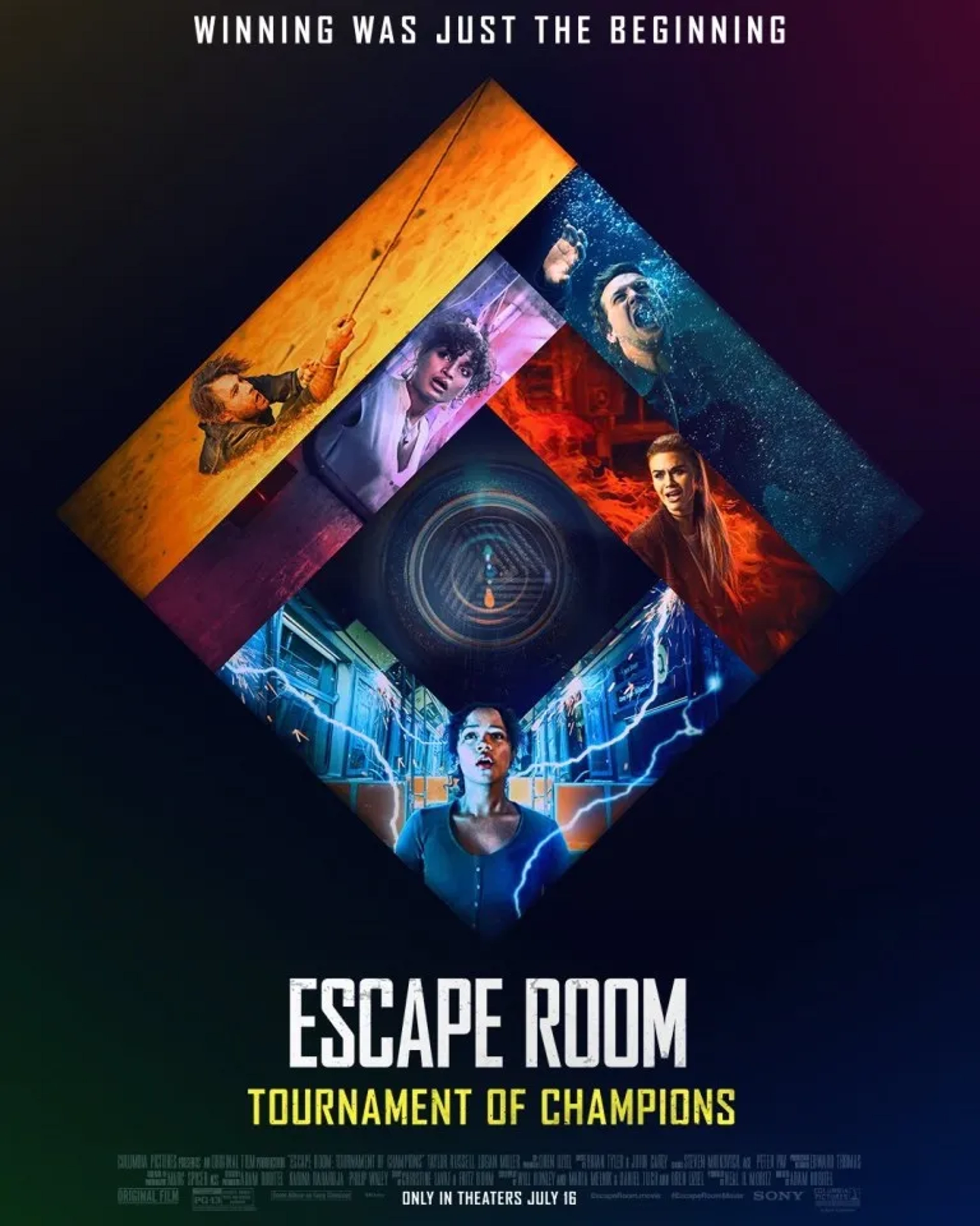 Holland Roden, Logan Miller, Taylor Russell, Thomas Cocquerel, and Indya Moore in Escape Room: Tournament of Champions (2021)