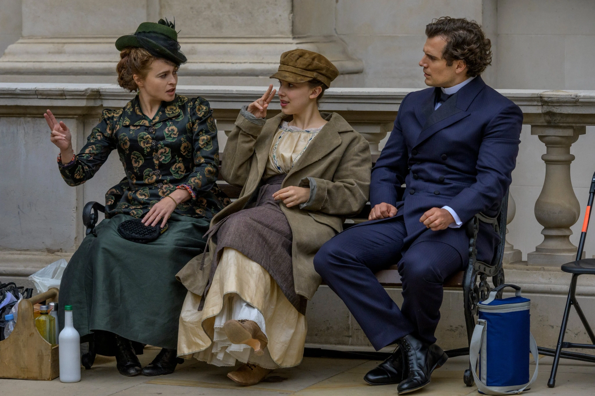 Helena Bonham Carter, Henry Cavill, and Millie Bobby Brown in Enola Holmes (2020)