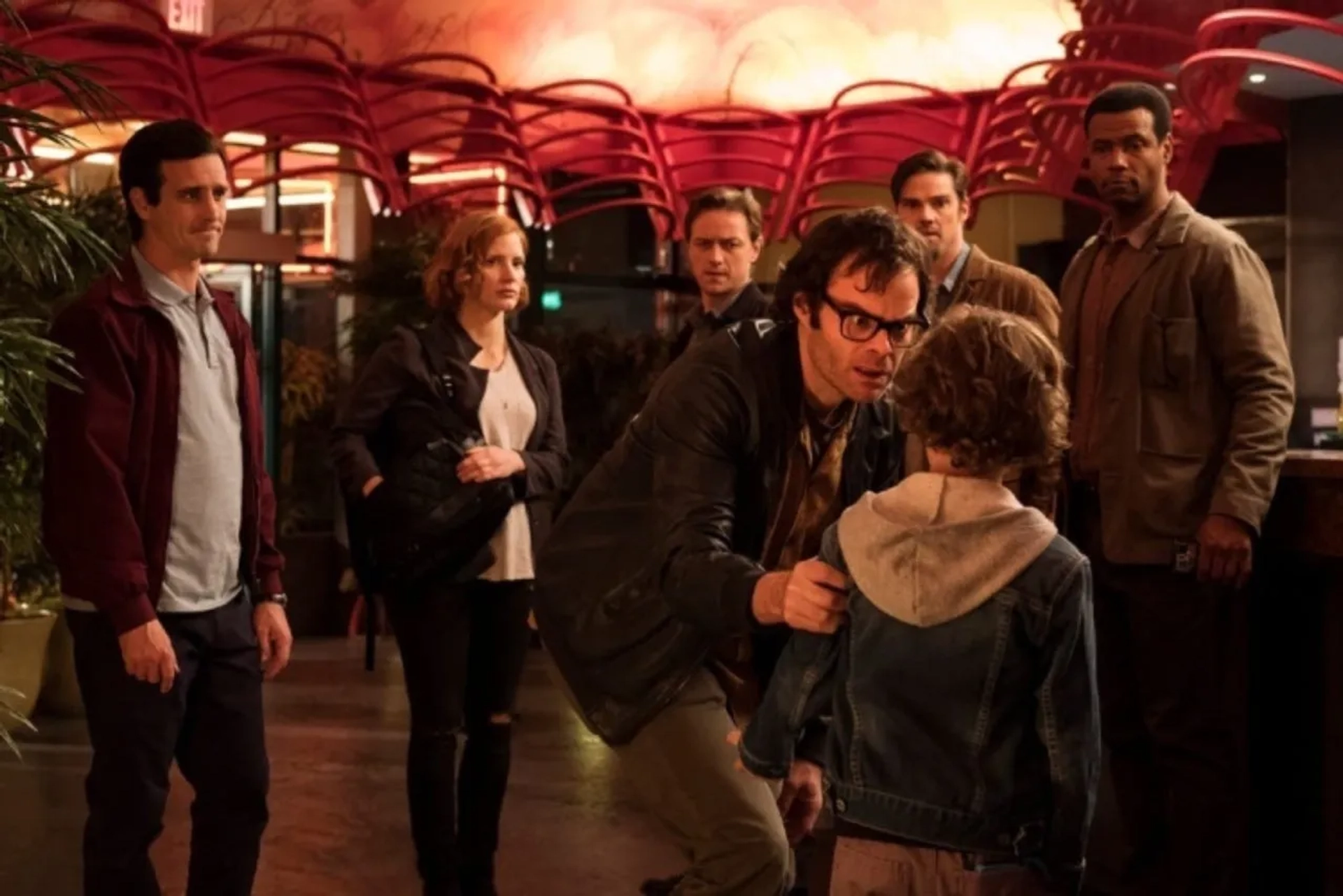 Bill Hader, James McAvoy, James Ransone, Jay Ryan, Jessica Chastain, Isaiah Mustafa, and Luke Roessler in It Chapter Two (2019)