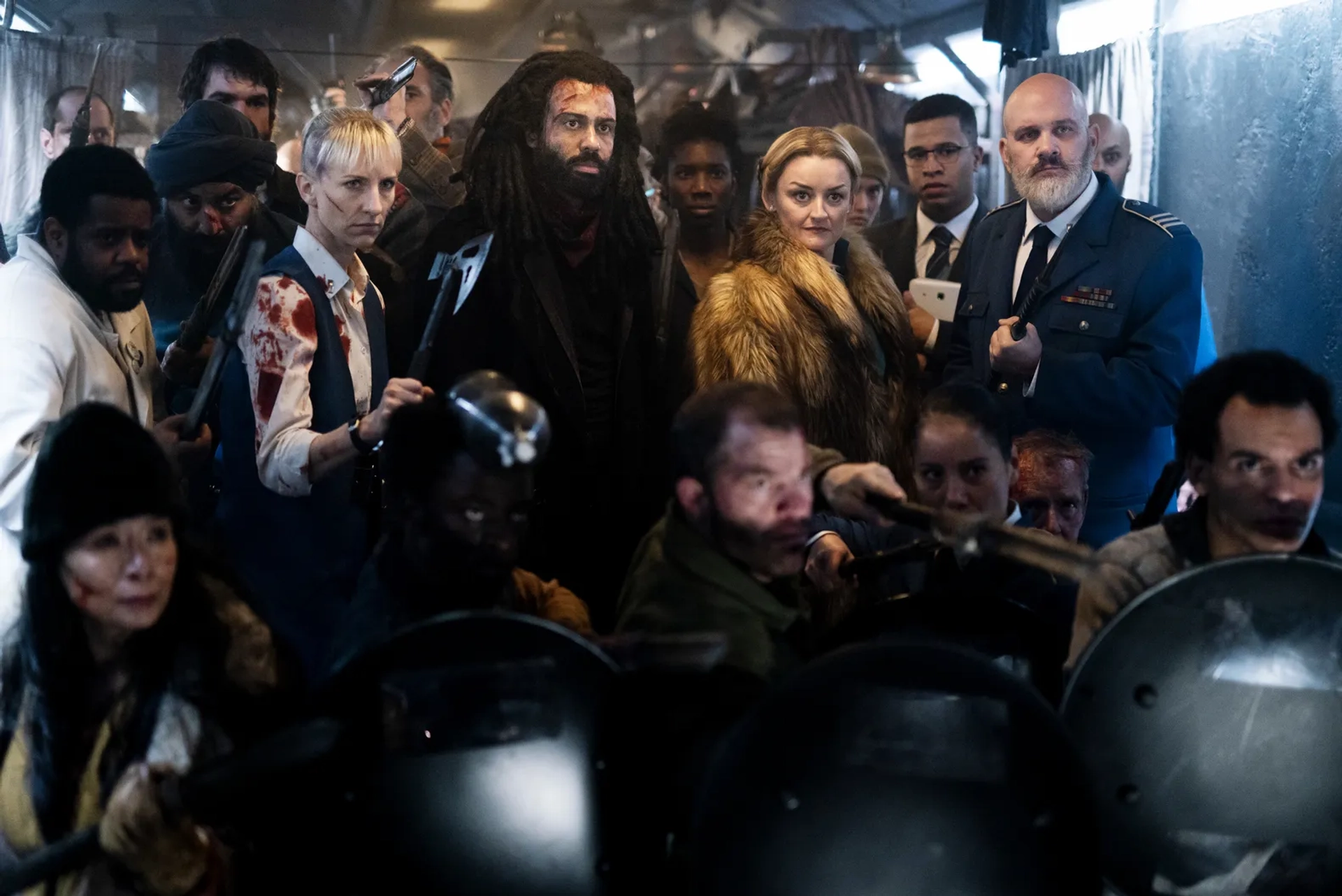 Mike O'Malley, Miranda Edwards, Alison Wright, Mickey Sumner, Daveed Diggs, and Ian Collins in Snowpiercer: The Time of Two Engines (2021)