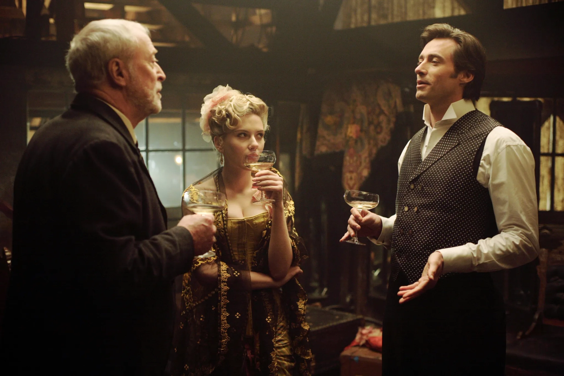 Michael Caine, Hugh Jackman, and Scarlett Johansson in The Prestige (2006)