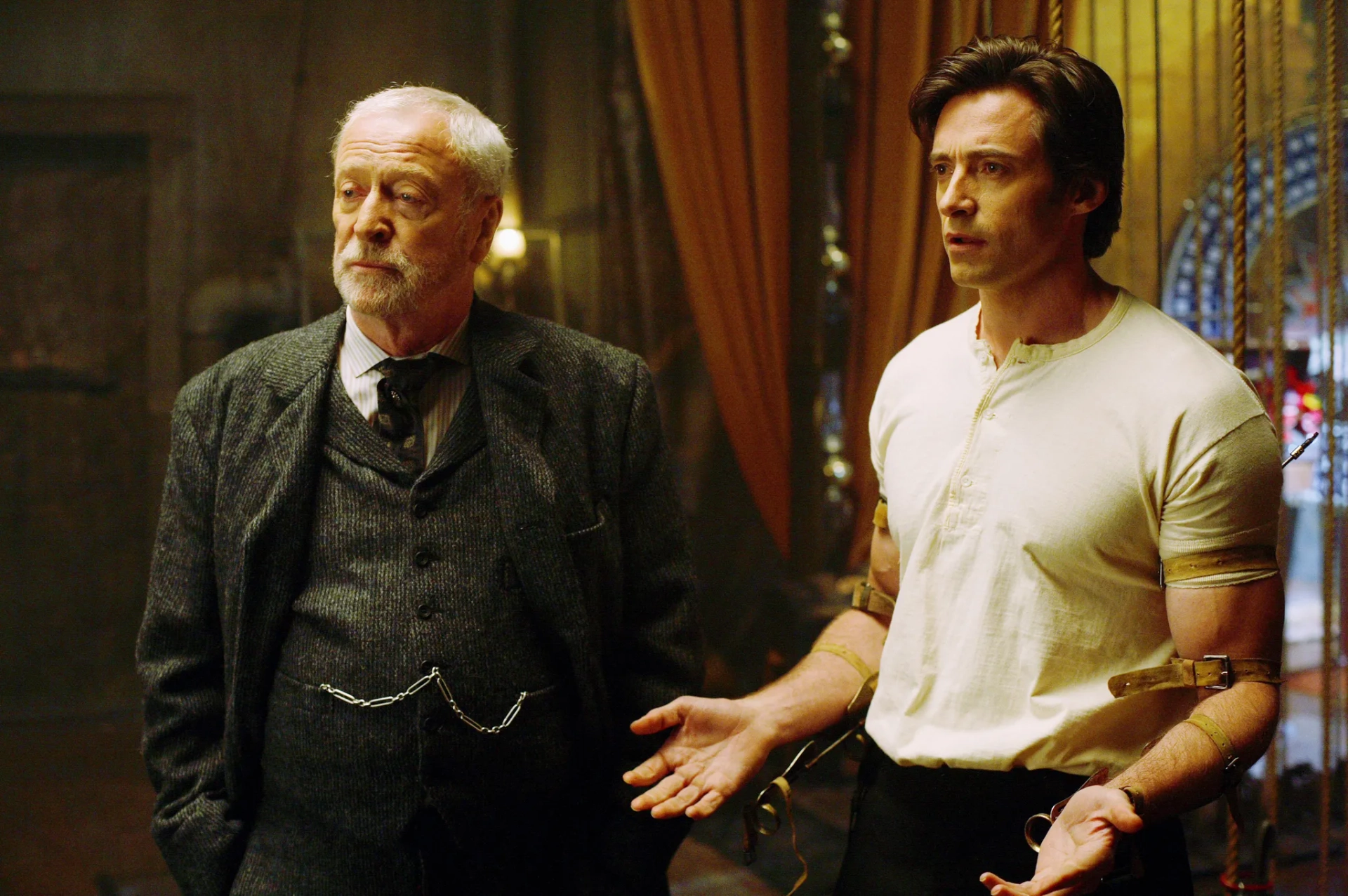 Michael Caine and Hugh Jackman in The Prestige (2006)