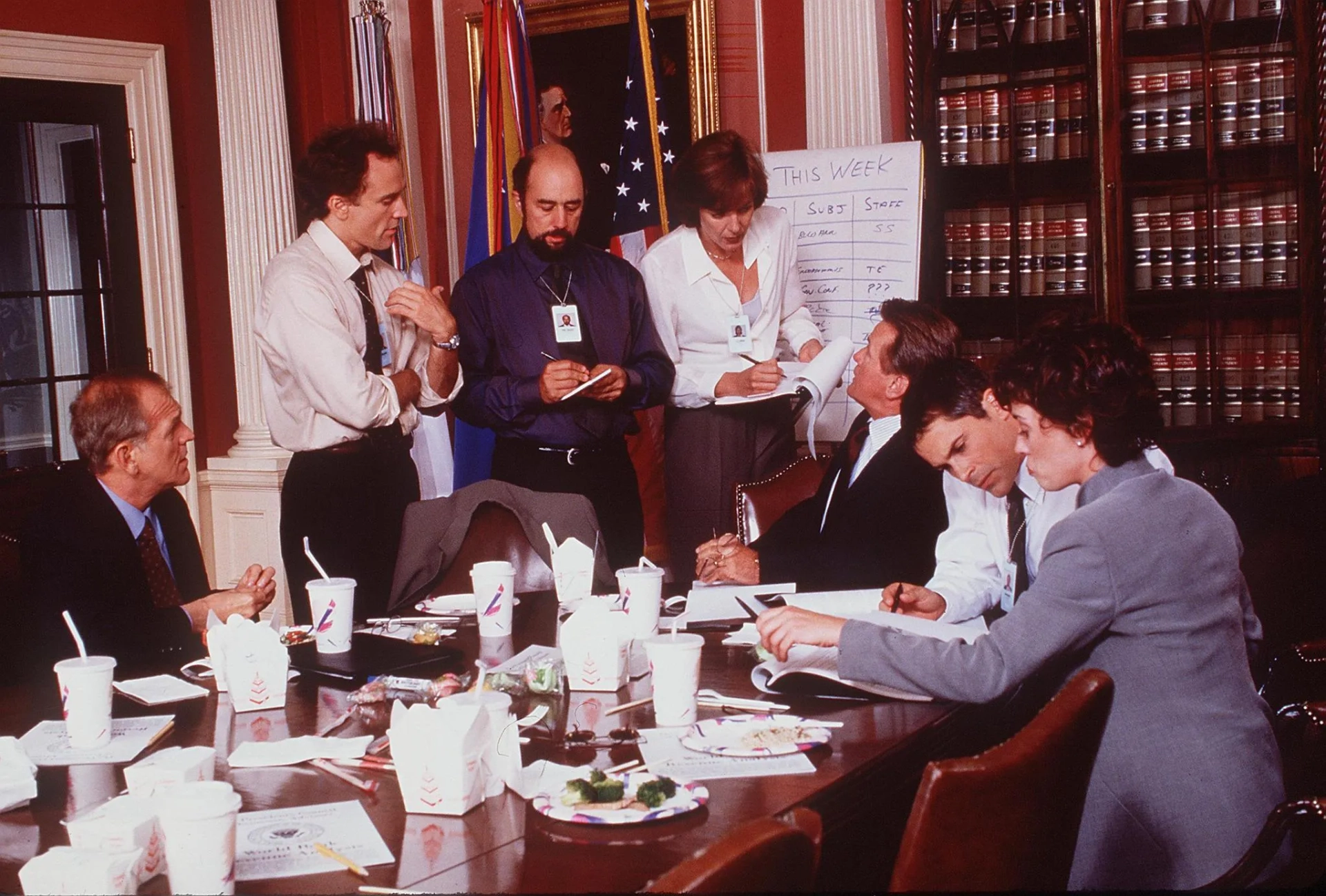 Rob Lowe, Martin Sheen, Allison Janney, Moira Kelly, Richard Schiff, John Spencer, and Bradley Whitford in The West Wing (1999)