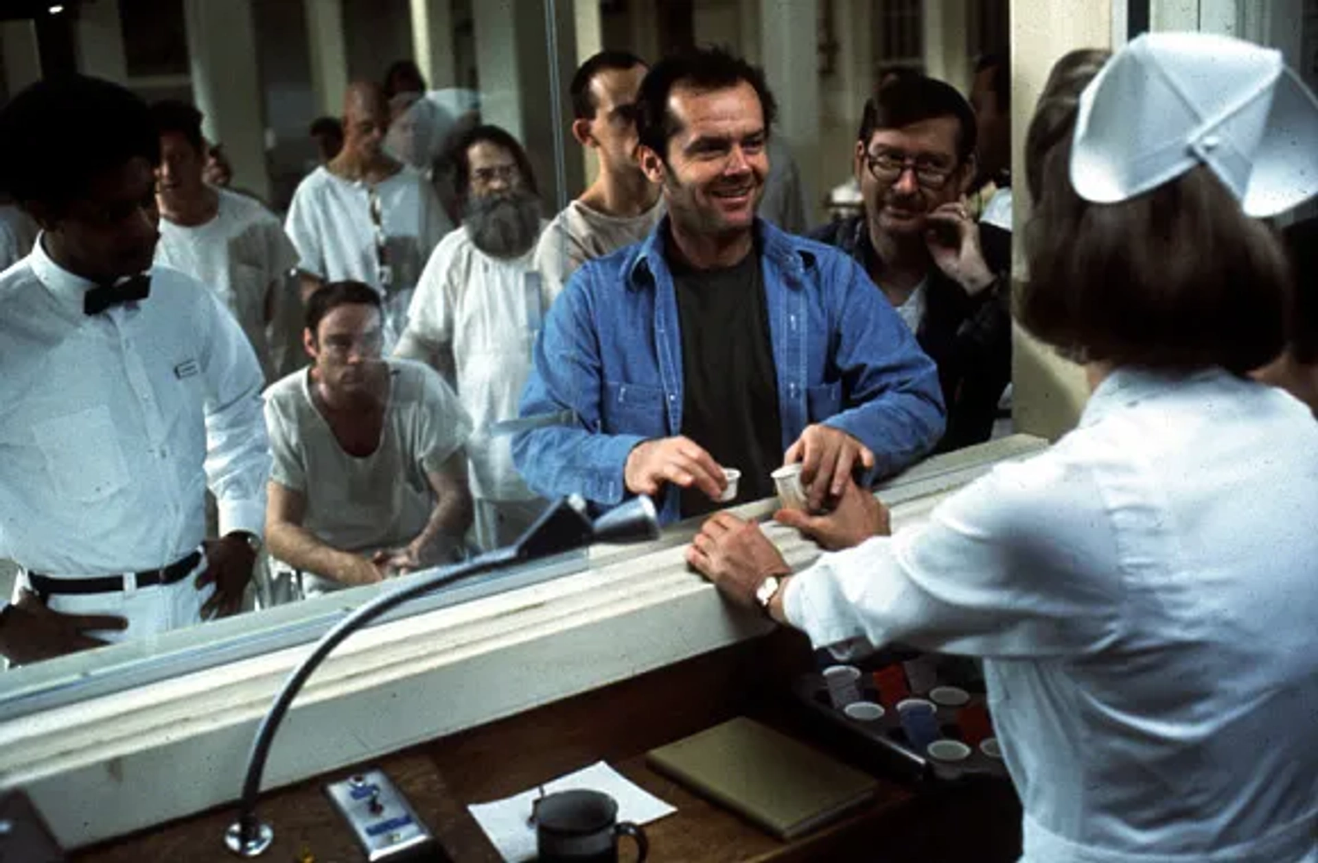 Jack Nicholson, Christopher Lloyd, Louise Fletcher, Michael Berryman, Nathan George, Ted Markland, William Redfield, and Delos V. Smith Jr. in One Flew Over the Cuckoo's Nest (1975)