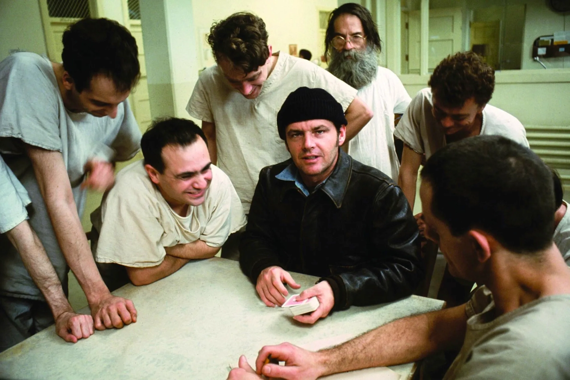 Jack Nicholson, Danny DeVito, Brad Dourif, Christopher Lloyd, Vincent Schiavelli, and Delos V. Smith Jr. in One Flew Over the Cuckoo's Nest (1975)