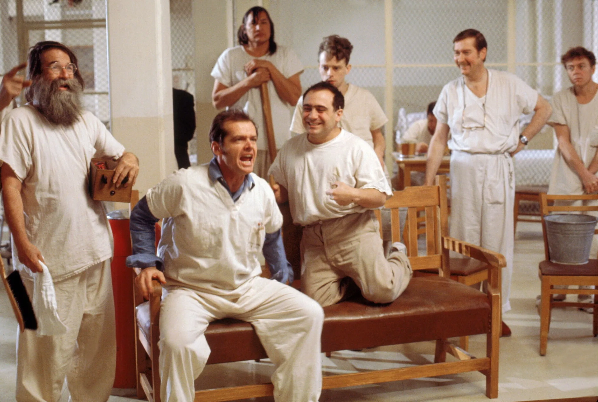 Jack Nicholson, Danny DeVito, Brad Dourif, William Redfield, Will Sampson, and Delos V. Smith Jr. in One Flew Over the Cuckoo's Nest (1975)