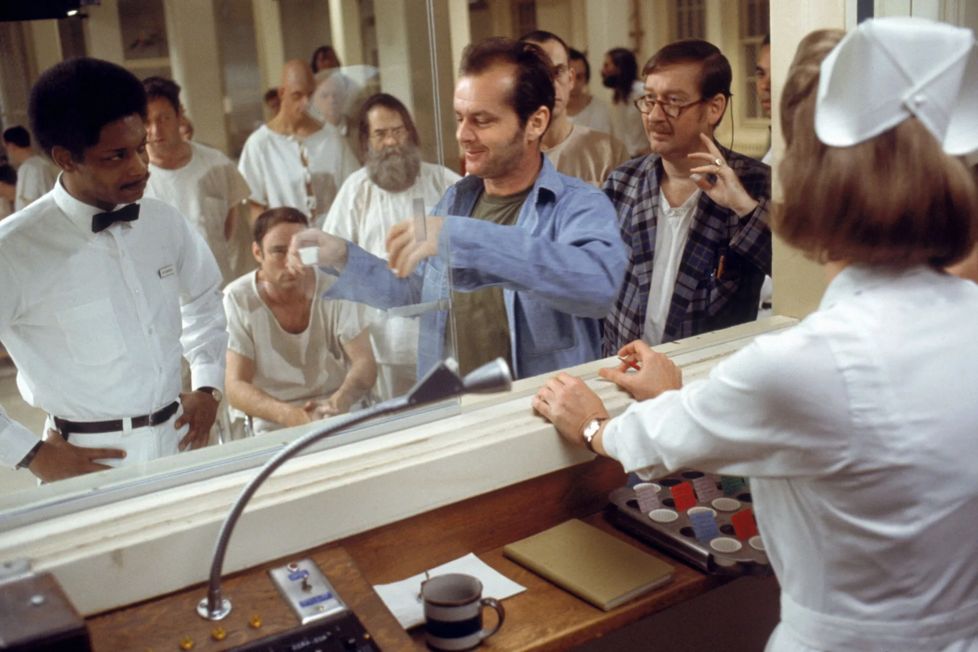 Jack Nicholson, Christopher Lloyd, Louise Fletcher, Michael Berryman, Nathan George, Ted Markland, William Redfield, and Delos V. Smith Jr. in One Flew Over the Cuckoo's Nest (1975)